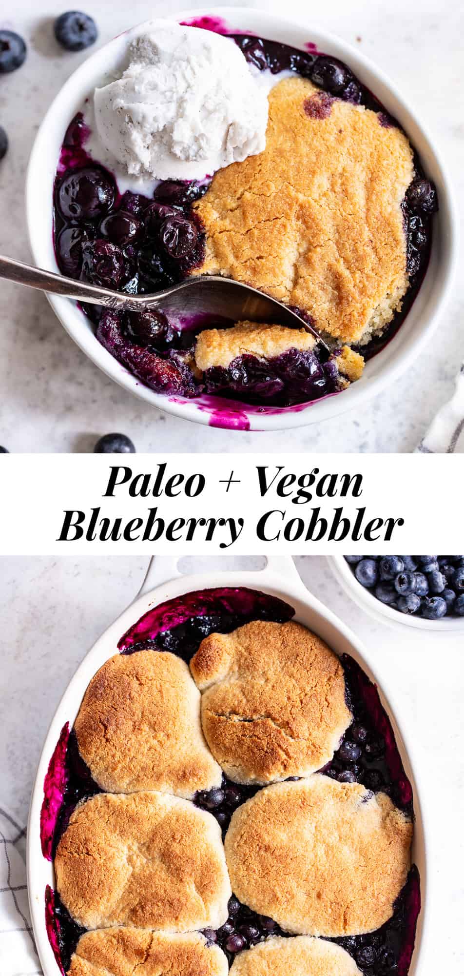 This paleo and vegan blueberry cobbler has quickly become a family favorite! A sweet gooey blueberry layer is baked with a biscuit cobbler topping that’s gluten free, dairy free, and egg free. It’s perfect served with a big scoop of coconut vanilla ice cream or on its own! Easy to make and the perfect healthy dessert for Spring and Summer. #paleo #vegan #cobbler #glutenfree #paleobaking #cleaneating #glutenfreedessert