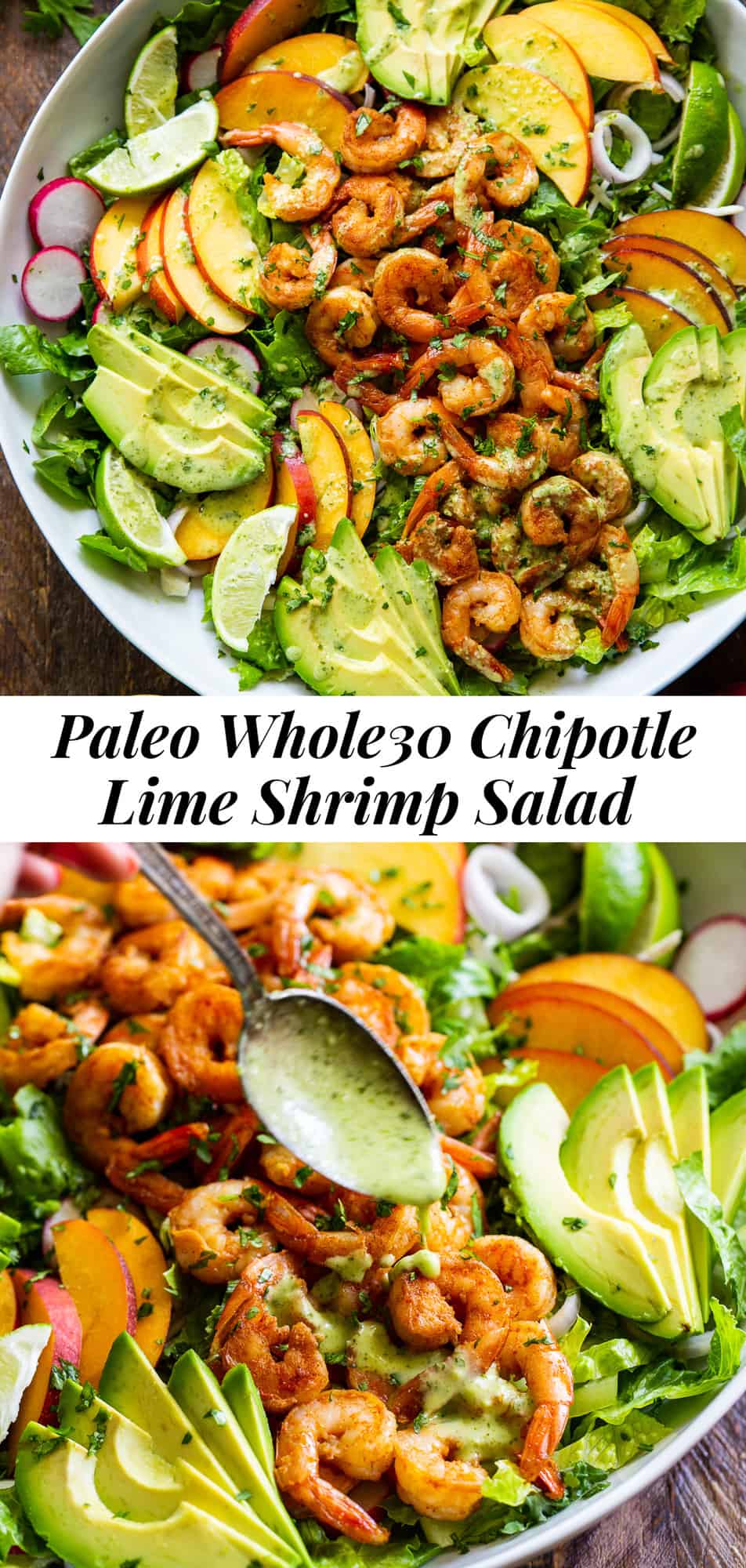 This healthy salad has tons of savory and sweet flavors plus spice! Spicy chipotle shrimp over a fresh summer salad with the most delicious cilantro dressing! Serve it for lunch or dinner over the summer or for your next BBQ. It’s easy to throw together and paleo friendly with a Whole30 option. #paleo #cleaneating #shrimp #whole30