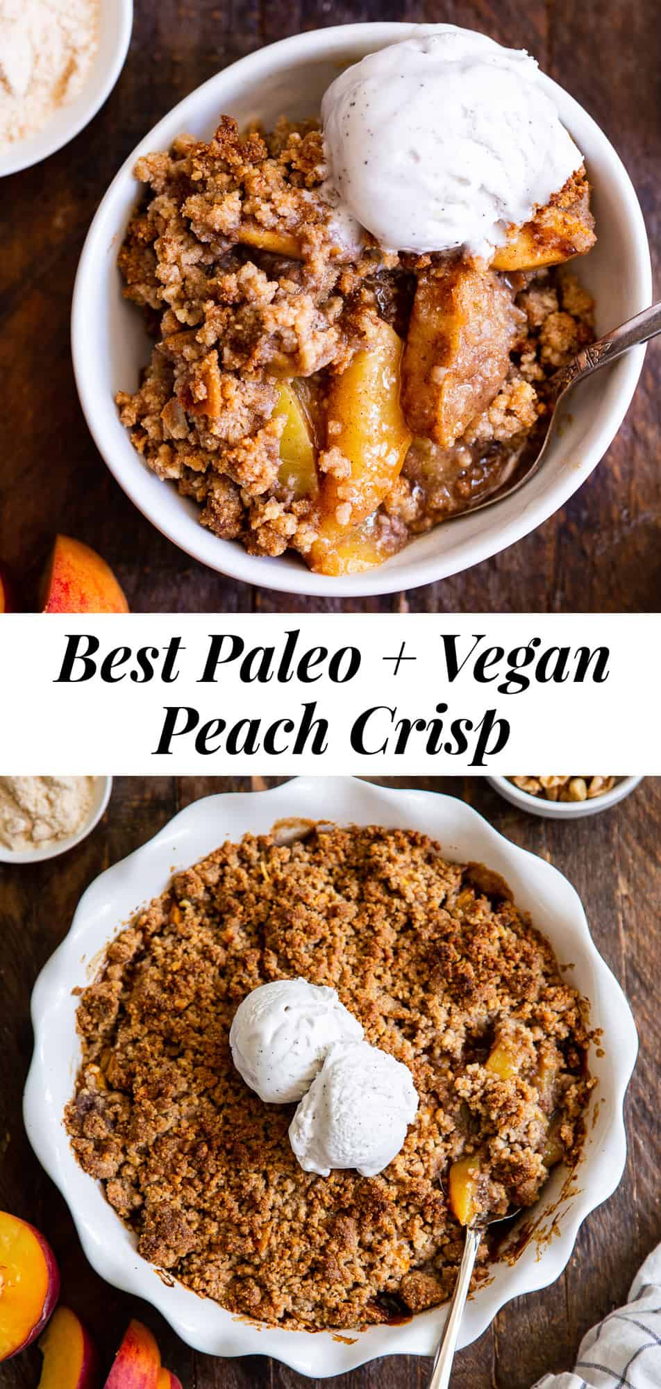 This paleo peach crisp has a juicy sweet peach filling with a toasty crisp topping that’s out of this world delicious! It’s truly the best peach crisp you’ll ever make. A fast family favorite for peach season, this crisp is paleo, vegan and gluten free. #paleo #dessert #peaches #vegan #cleaneating #glutenfreebaking 