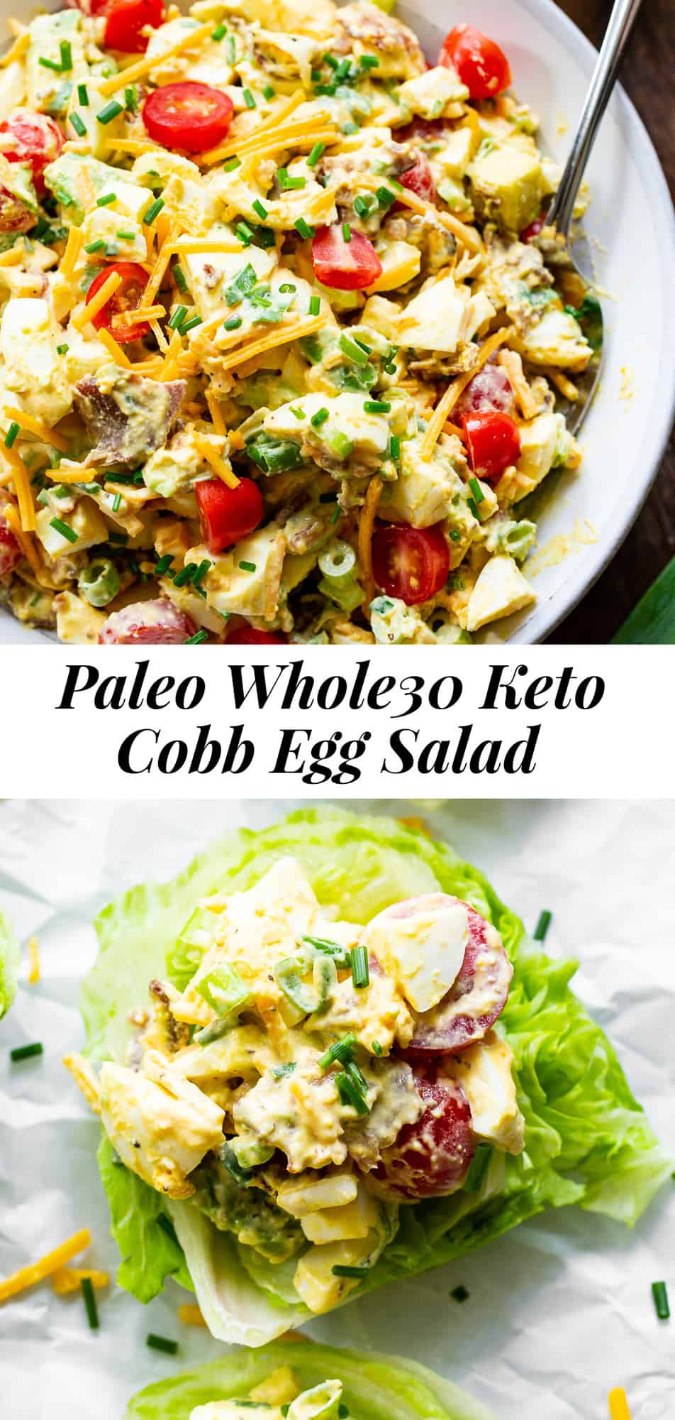 This cobb egg salad has all the goodies you’ll find in your favorite cobb salad!  Perfect for summer lunches and picnics, serve it over a simple green salad or in lettuce wraps for a protein packed meal with tons of flavor!  Paleo, Whole30, low carb and keto friendly. #paleo #keto #whole30 #cleaneating