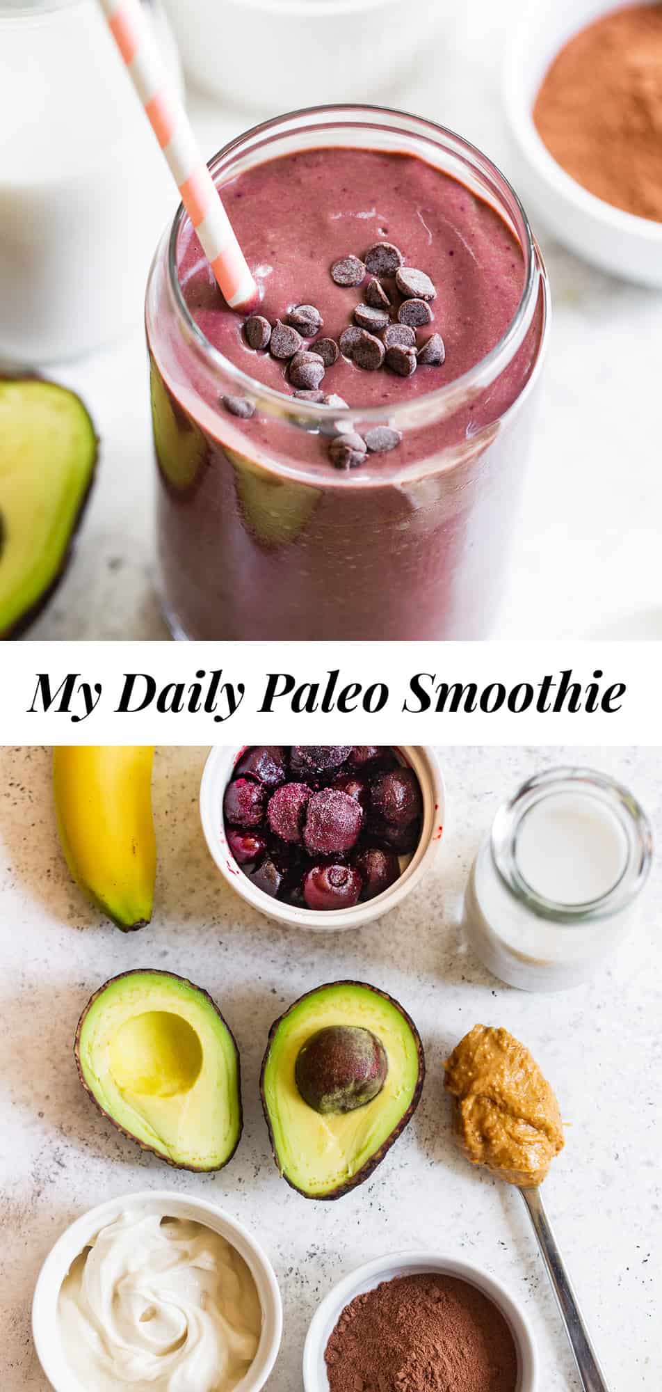 This simple paleo smoothie has become such a favorite that I make it every morning! Just the right amount of sweetness, with healthy fats, carbs, creamy texture and added protein. Enjoy it daily for breakfast or as an afternoon pick me up or even a dessert! #paleo #vegan #smoothie #cleaneating 