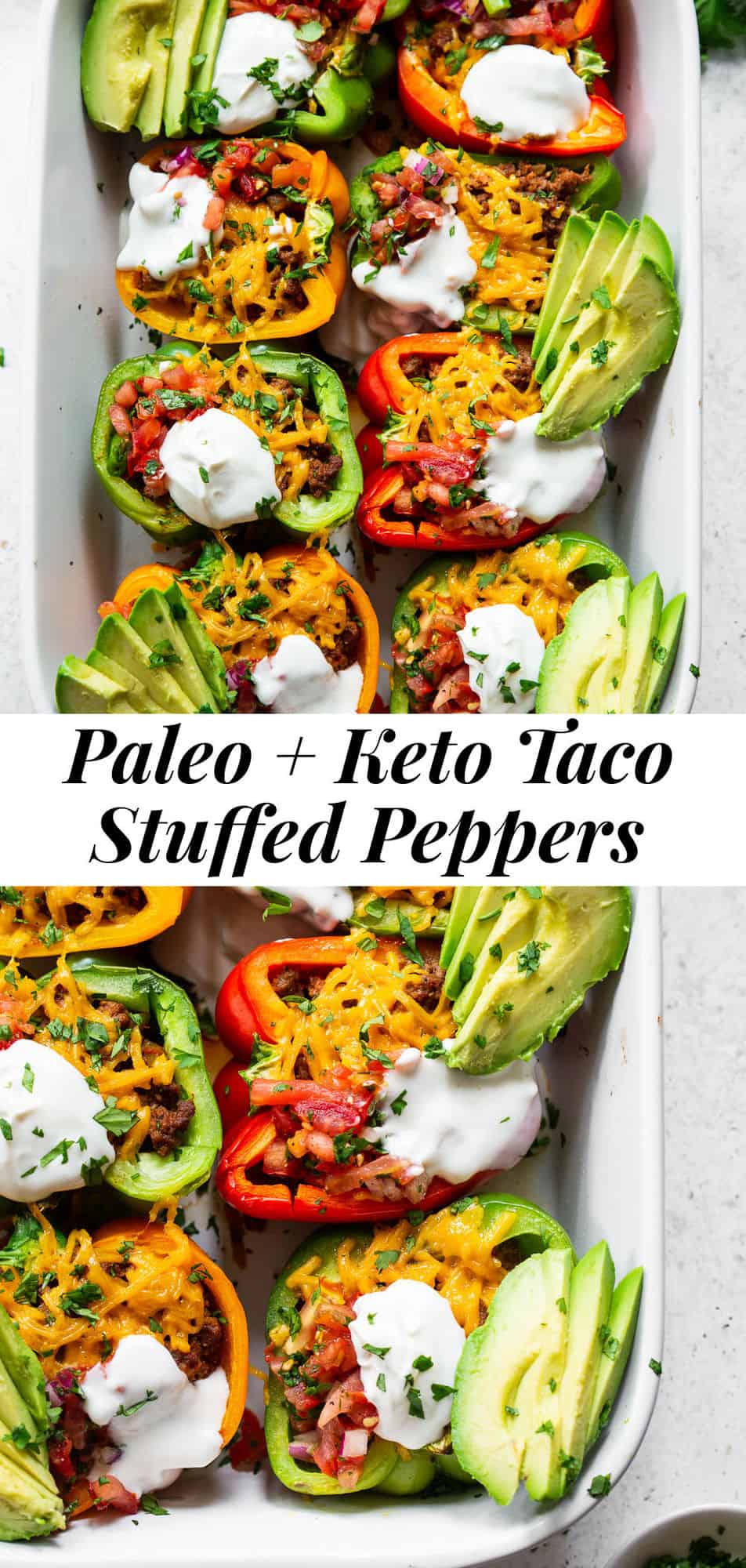 These Paleo Taco Stuffed Peppers are super easy to make and packed with goodies! Bell peppers are filled with the best taco meat and topped with vegan cheese, baked, and topped with all your favorites like fresh pico de Gallo, avocado and dairy free sour cream. Paleo, dairy free and keto friendly. #paleo #keto #cleaneating #lowcarb