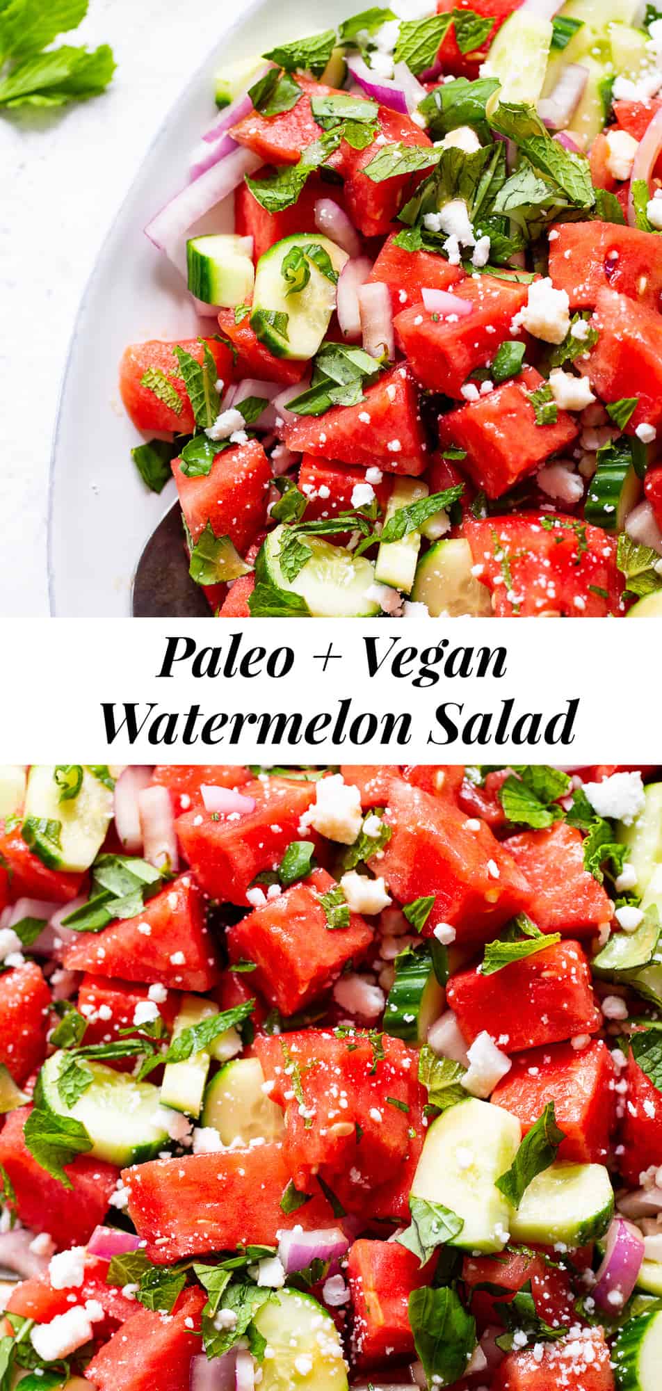 This simple and refreshing watermelon salad has all the flavors you’re craving!  Juicy watermelon with cucumber, red onion, basil, mint and dairy free feta cheese tossed in a super simple vinaigrette.  It’s healthy, paleo, vegan, and perfect for hot summer BBQs and picnics! #paleo #vegan #cleaneating