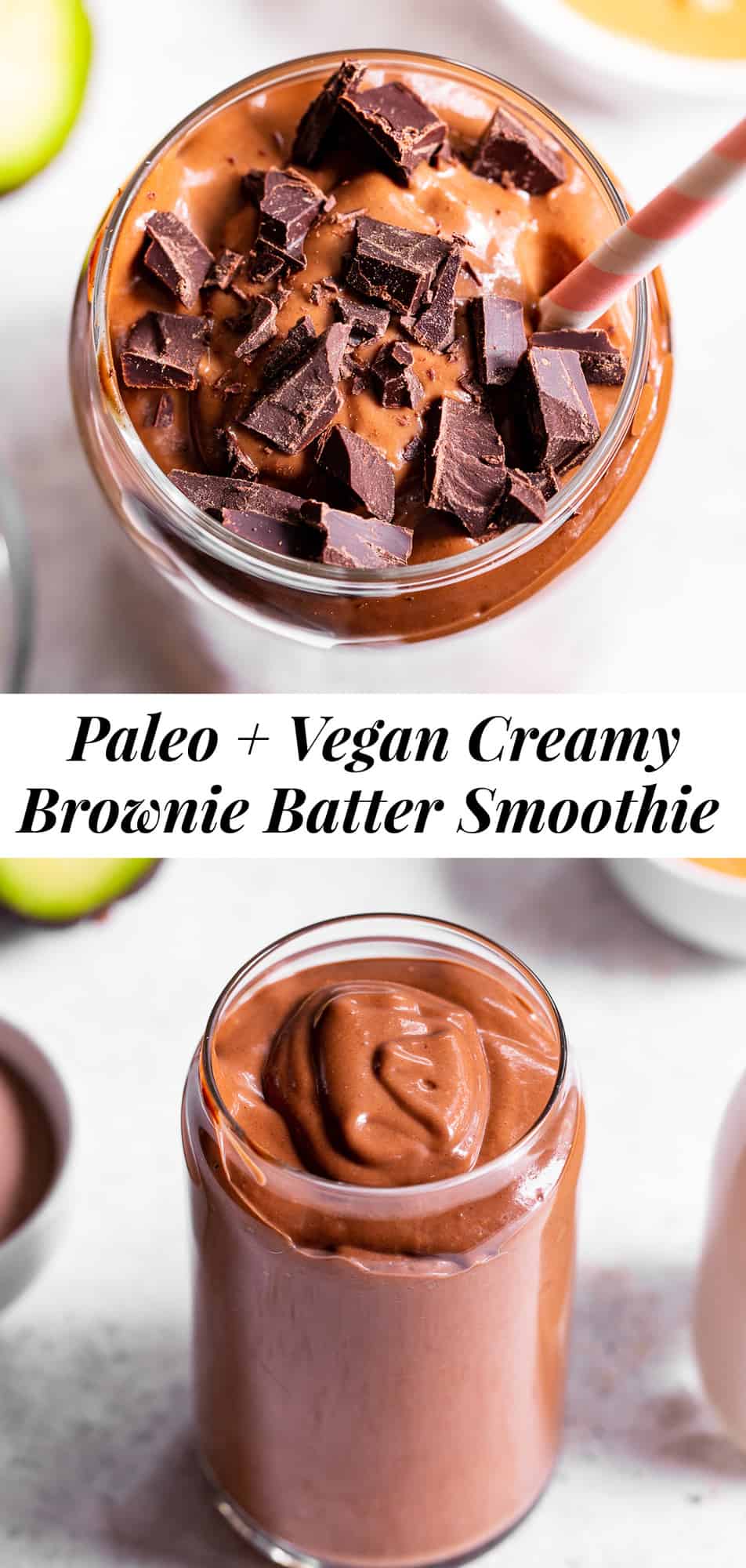 This creamy brownie batter chocolate smoothie is packed with good for you ingredients but tastes like dessert!  Have it for breakfast, a snack, or healthy dessert.  It's paleo friendly, dairy free, vegan and free of refined sugar.  Add your favorite chocolate protein powder for an extra chocolate kick! #paleo #vegan #cleaneating