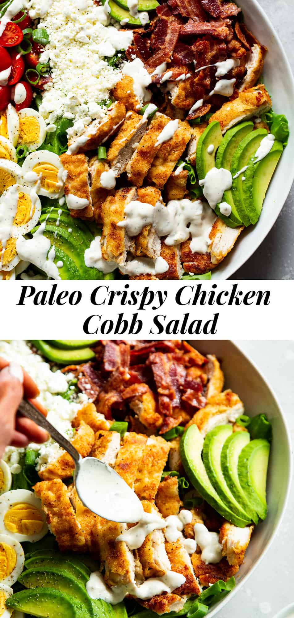 This crispy chicken cobb salad is my favorite one yet with flavorful crispy “breaded” chicken plus all the usual cobb salad goodies and a homemade garlic ranch dressing. It’s paleo, with a Whole30 option, low in carbs and family approved! #paleo #whole30 #cleaneating #keto #lowcarb