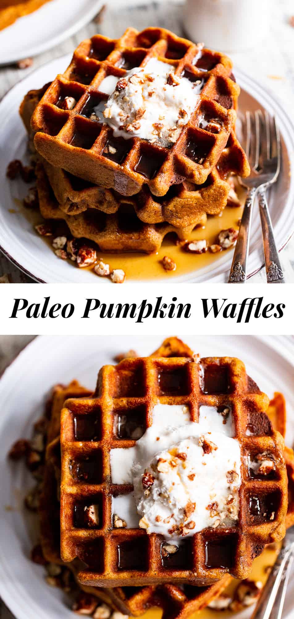 These Paleo Pumpkin Waffles are crisp on the outside, soft inside and filled with warm fall spices. They’re just sweet enough to enjoy alone or you can top with all your favorites like maple syrup, coconut whipped cream and chopped pecans. They’re kid approved and freeze well so you can enjoy one on the go! Gluten free, dairy free. #paleo #pumpkin #cleaneating #waffles #glutenfree