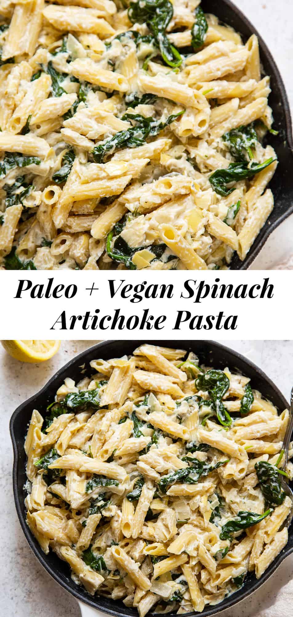 This spinach artichoke pasta is a new favorite of mine! This fast and easy creamy pasta dish is grain free, paleo, dairy free and vegan but you’d never know! Great for quick weeknight dinners and the leftovers are perfect for a next day lunch. #paleo #glutenfree #grainfree #cleaneating #vegan