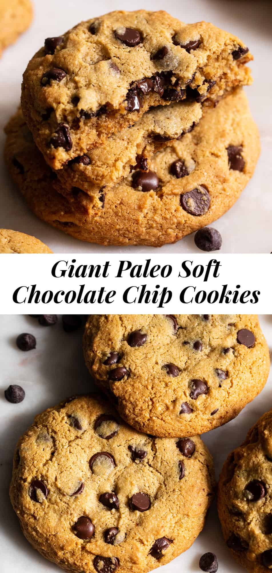 The ultimate giant paleo chocolate chip cookies are here! These cookies are gluten free, dairy free and refined sugar free but you’d never guess!  They have a soft slightly chewy texture with loads of gooey chocolate chips and are great served warm or at room temperature. #paleo #cleaneating #cookies #paleobaking #glutenfreebaking