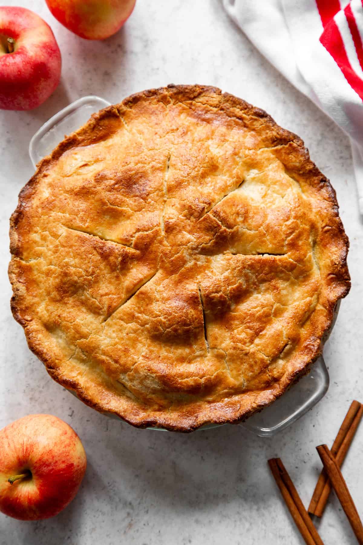 Overhead shot of paleo apple pie showing golden brown top crust