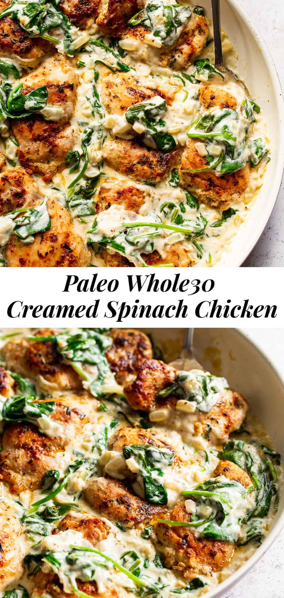 This one pot creamed spinach chicken is paleo, Whole30 friendly and dairy free but you’d never guess! Juicy seasoned chicken is cooked in one skillet with a creamy, “cheesy” sauce and spinach that’s easy and great for weeknights! The leftovers are perfect for lunch the next day too. #paleo #whole30 #keto #cleaneating 