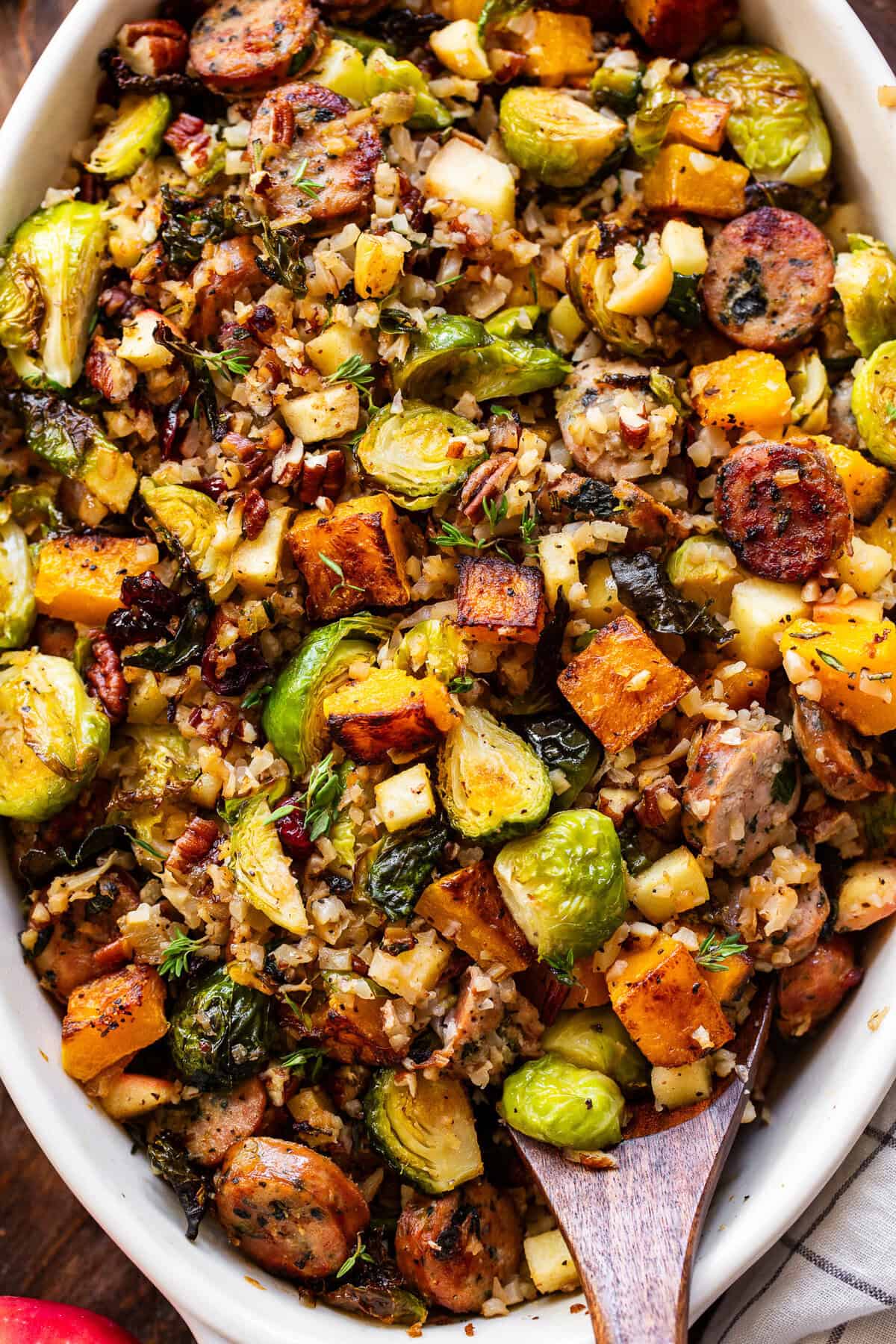 Chicken sausage harvest casserole with butternut squash, Brussels sprouts and cranberries