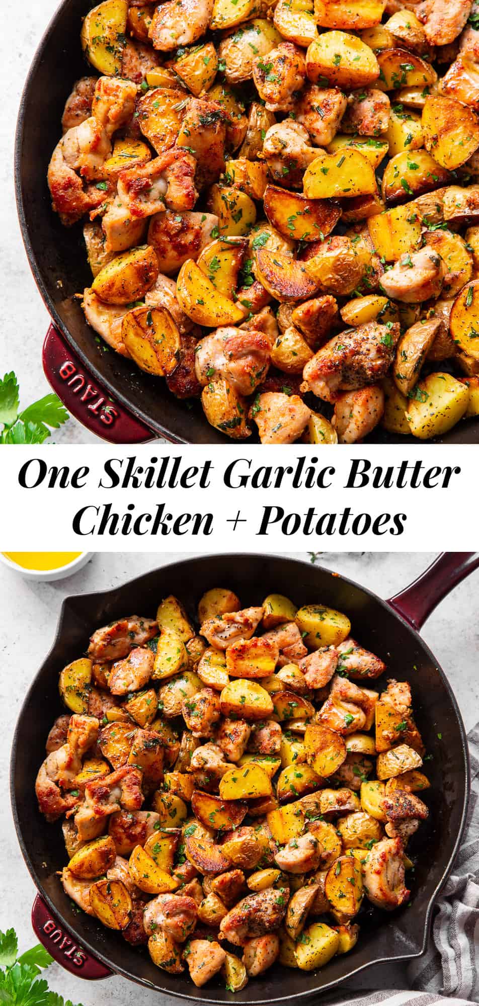 This flavorful Garlic Butter Chicken and Potato Skillet is an easy 30 minute meal that everyone will love! It’s naturally gluten free, paleo, and Whole30 friendly. Loads of garlic and fresh herbs with perfectly seasoned chicken and potatoes will make you want this meal on repeat! #paleo #whole30 #cleaneating
