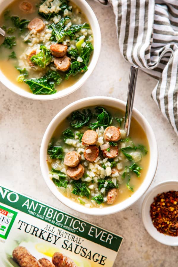 Turkey Sausage and Kale Soup with Cauliflower Rice