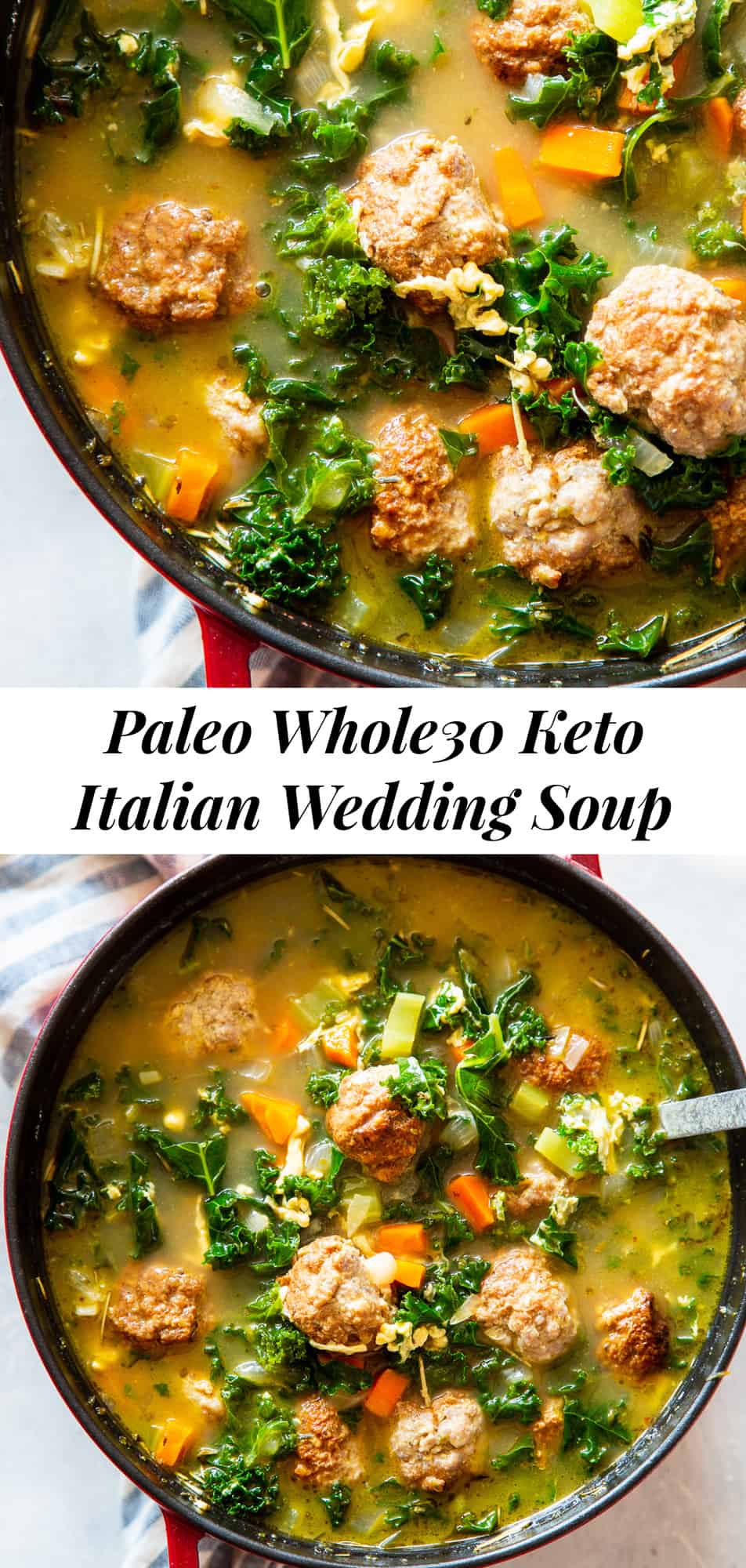 This Paleo Italian Wedding Soup is the perfect cozy comfort food! It’s easy to make, packed with the tastiest Italian sausage meatballs and plenty of veggies. It’s grain free, Whole30 friendly and keto. #paleo #whole30 #keto #cleaneating #soup