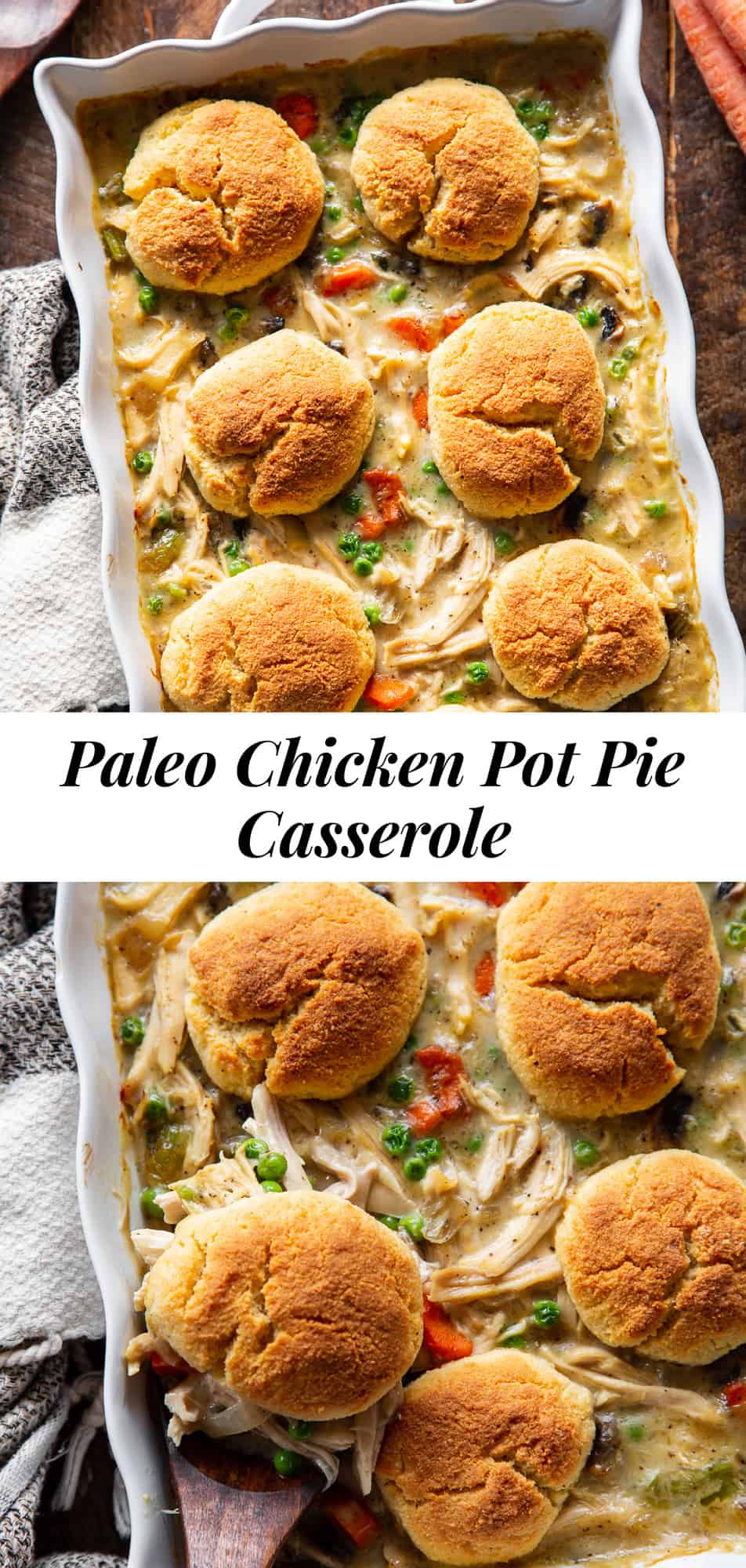 This creamy chicken pot pie casserole is packed with flavor and so cozy during the winter months. Easier to make than a traditional chicken pot pie but just as satisfying! A creamy chicken and veggie gravy is baked with buttery grain free biscuits. Gluten free, grain free, paleo.  #paleo #cleaneating #grainfree #glutenfree #lowcarb