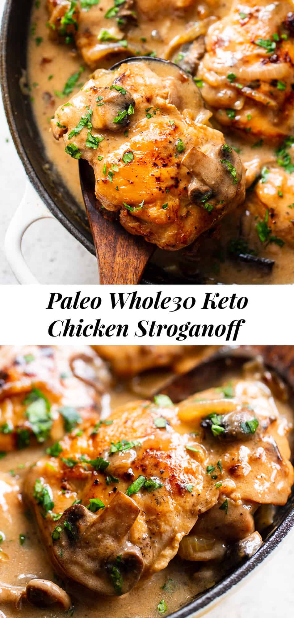 This hearty and savory paleo chicken stroganoff is made all in one skillet for a quick, delicious and cozy weeknight meal.  It’s Whole30, low carb and keto and delicious served over sautéed cauliflower rice, your favorite veggie noodles or roasted veggies. #paleo #whole30 #keto #lowcarb #cleaneating 