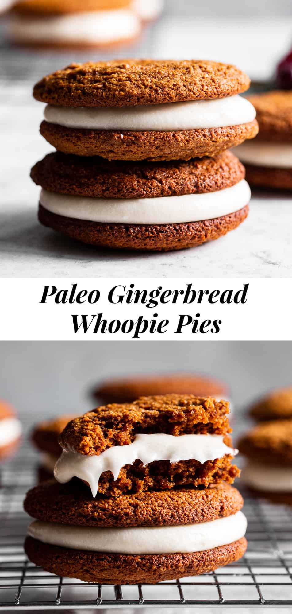 These grain free Gingerbread Whoopie Pies have loads of molasses flavor with warm spices and a soft cream cheese filling with a dairy free option. They’re gluten free, paleo friendly, easy to prepare and an extra special treat for the holiday season! #paleo #grainfree #paleobaking #glutenfree #glutenfreebaking