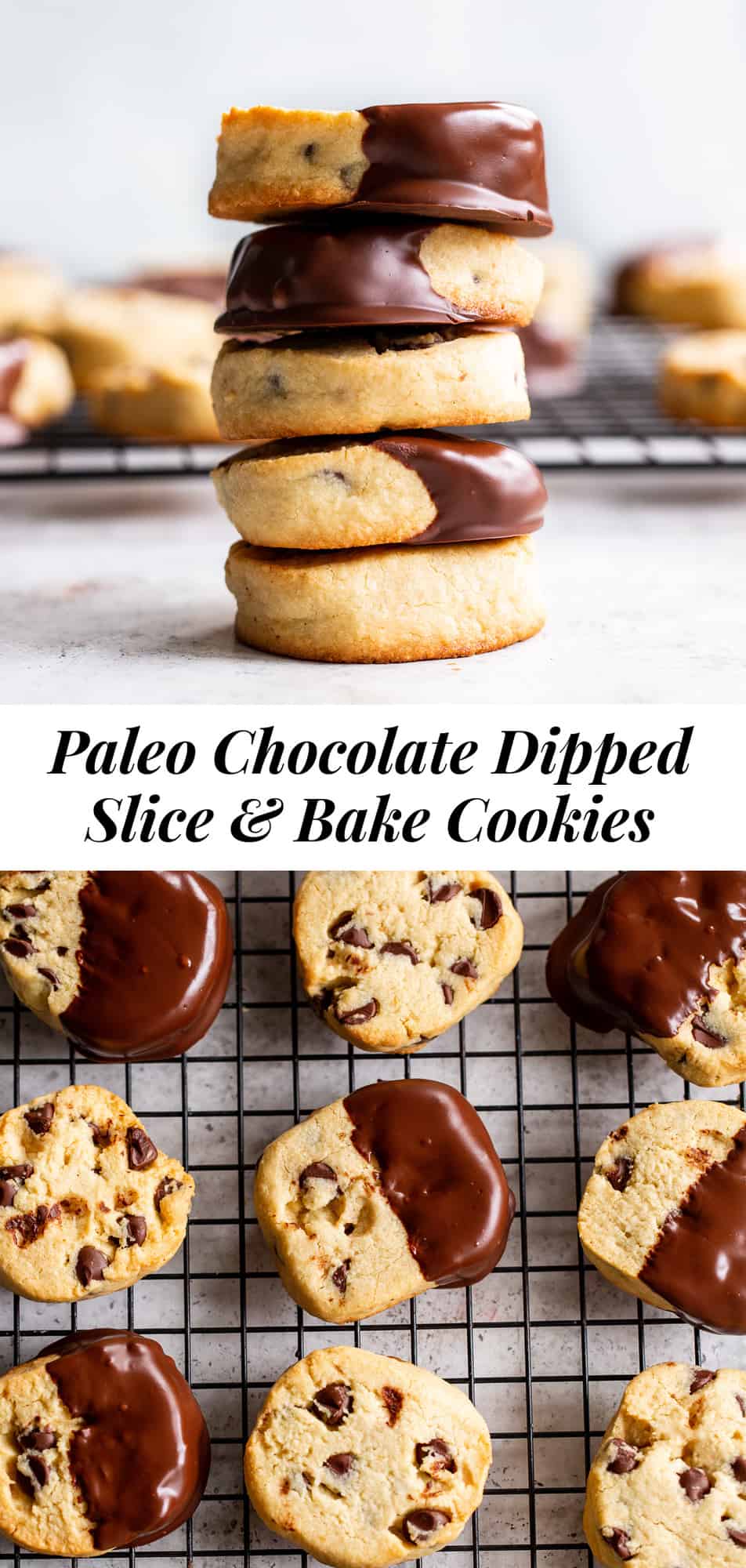 These paleo slice and bake cookies are surprisingly easy to make, studded with chocolate chips and dipped in chocolate! They’re grain free and refined sugar free with dairy free options. Perfect for holiday baking or anytime! #paleo #paleobaking #glutenfree #glutenfreebaking #cleaneating