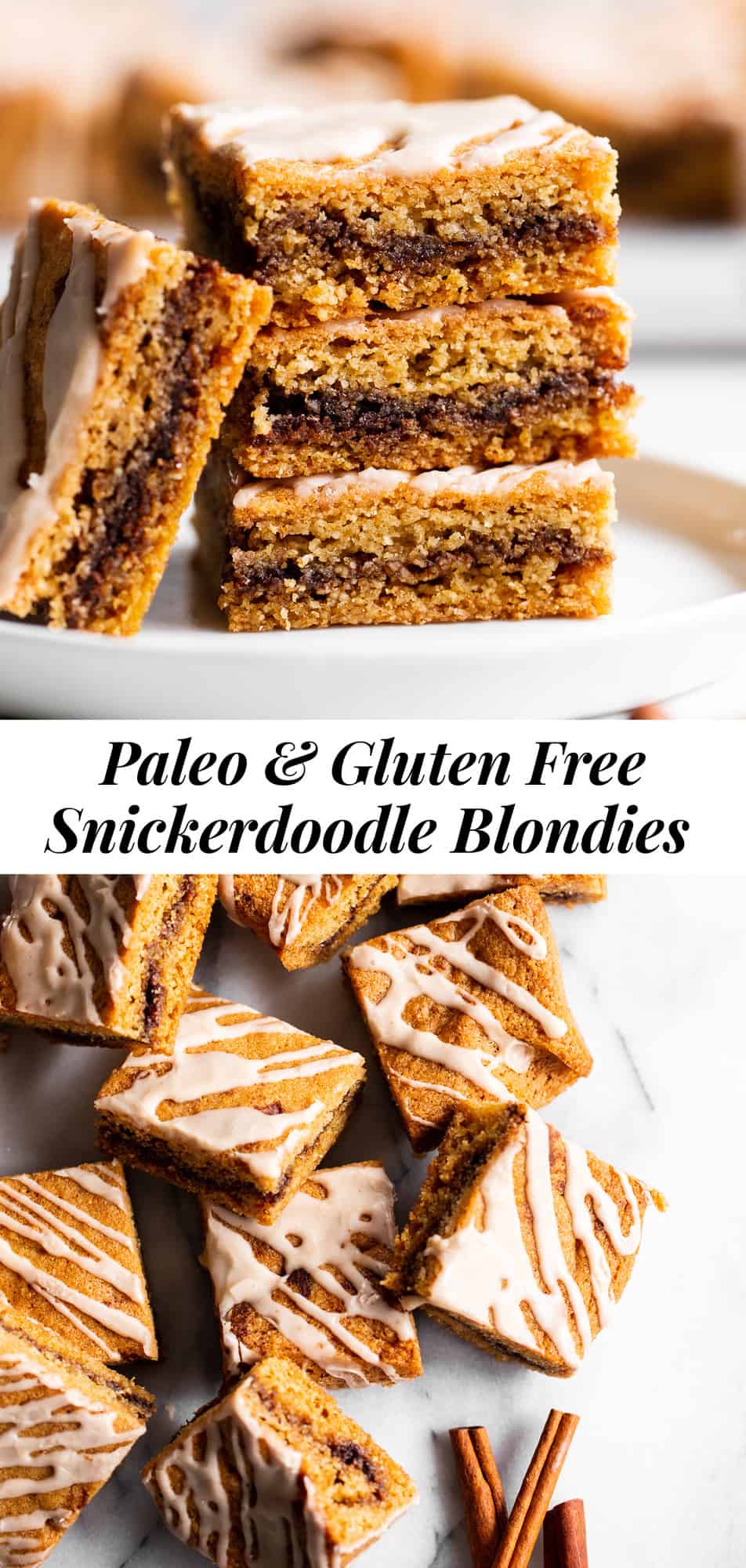 These snickerdoodle blondies have a sweet cinnamon layer between two chewy vanilla cookie blondie layers, plus a cinnamon icing. They’re refined sugar free, paleo, gluten free and have a dairy free option. #paleo #cleaneating #paleobaking #glutenfree #glutenfreebaking #christmascookies