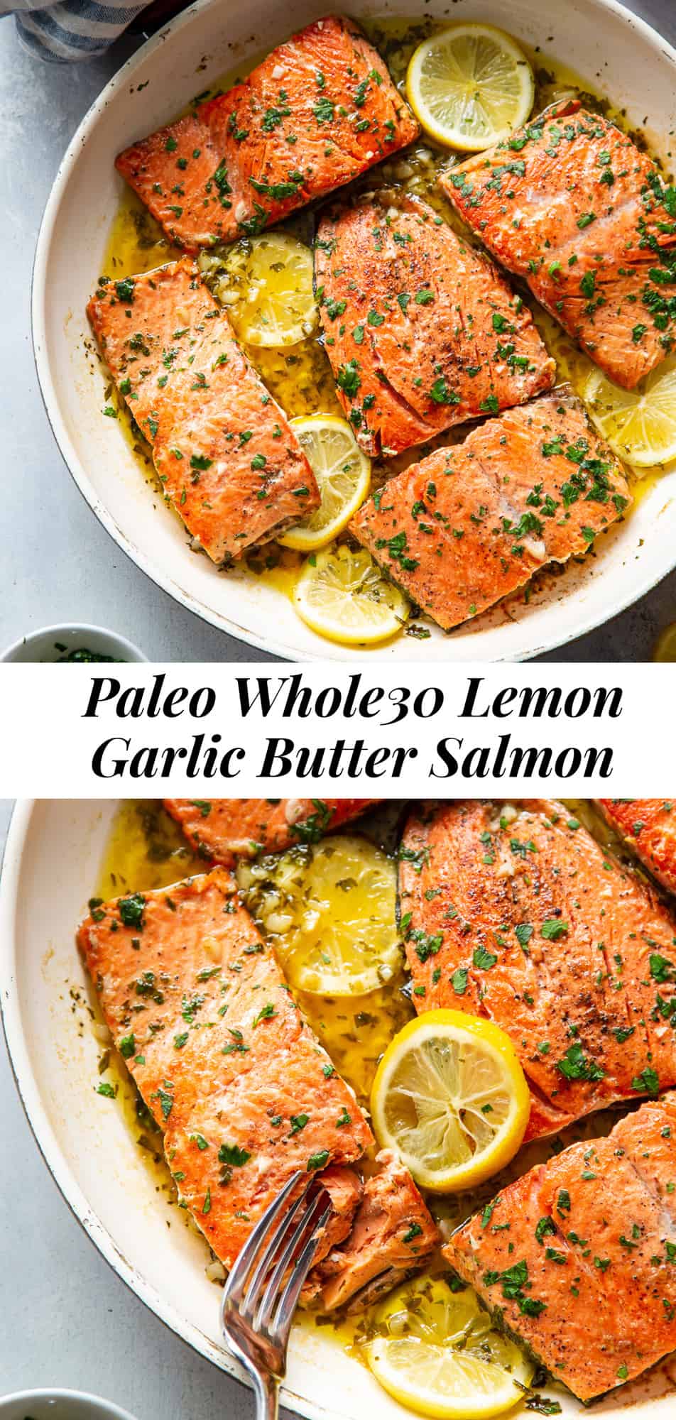 This simple and classic garlic lemon butter salmon recipe is packed with flavor and goes with all your favorite side dishes. Keep it low in carbs with cauliflower rice or serve with crispy roasted potatoes for a delicious, Whole30 friendly option. You’re going to want this one in your dinner rotation ASAP! #paleo #whole30 #keto #cleaneating
