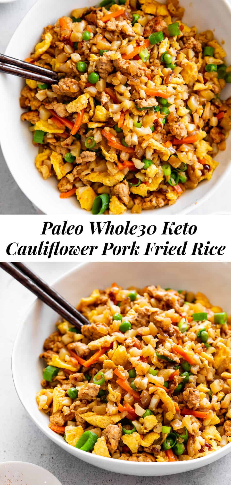 This Cauliflower Pork Fried Rice is loaded with flavor, protein, veggies and healthy fats and makes a fast weeknight meal that everyone will love.  Paleo, Whole30, low carb and kid approved! #paleo #whole30 #keto #cleaneating