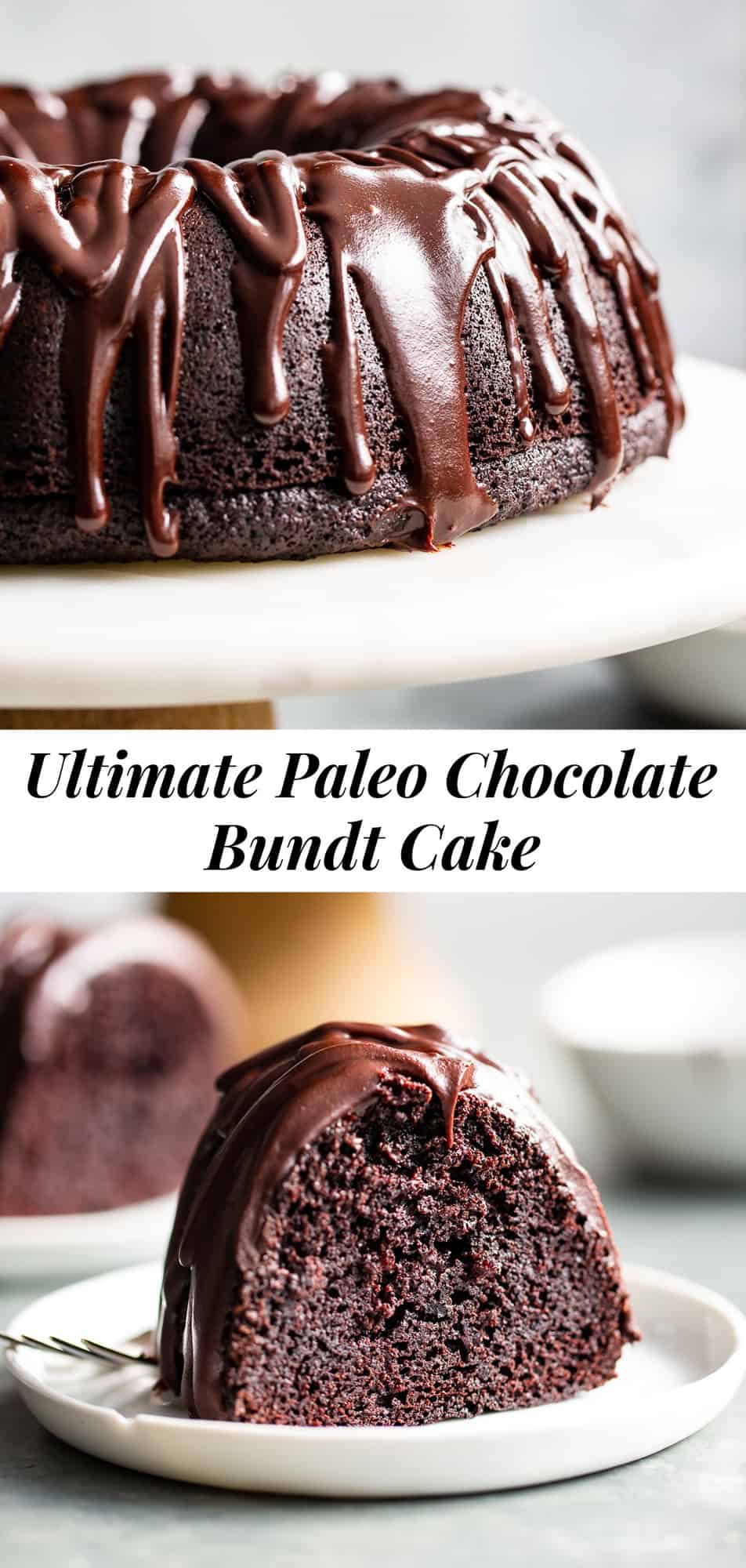 This ultra rich paleo chocolate bundt cake is easier than expected and perfect for any special occasion. A grain free, gluten free and dairy free perfectly moist chocolate cake is topped with an easy dairy free chocolate ganache. Win over any chocolate lover with the first bite! #paleo #grainfree #cleaneating #glutenfree 