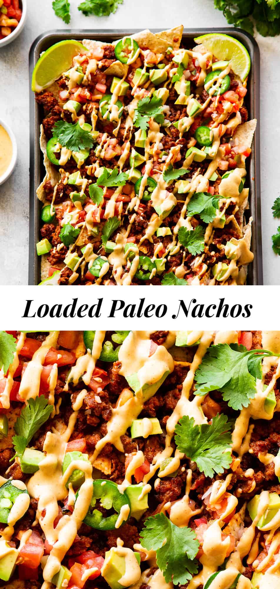 These quick and easy grain free, dairy free paleo nachos don’t sacrifice anything - they’re loaded with chorizo, pico de gallo, avocados and the easiest nacho “cheese” sauce! Great as an appetizer or snack but works well for dinner too! #paleo #cleaneating #dairyfree