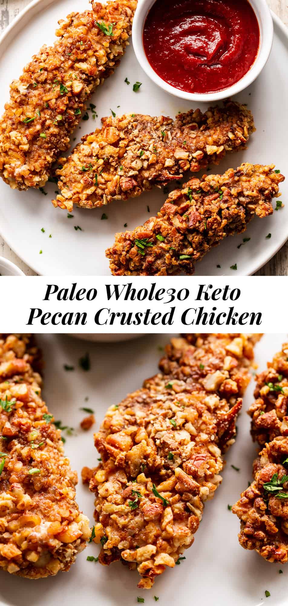 These pecan crusted chicken tenders are easy to throw together, baked in the oven and so tasty! Amazing with all your favorite dips and totally kid friendly, they're also paleo, Whole30 and keto friendly. #paleo #keto #cleaneating #chicken #whole30