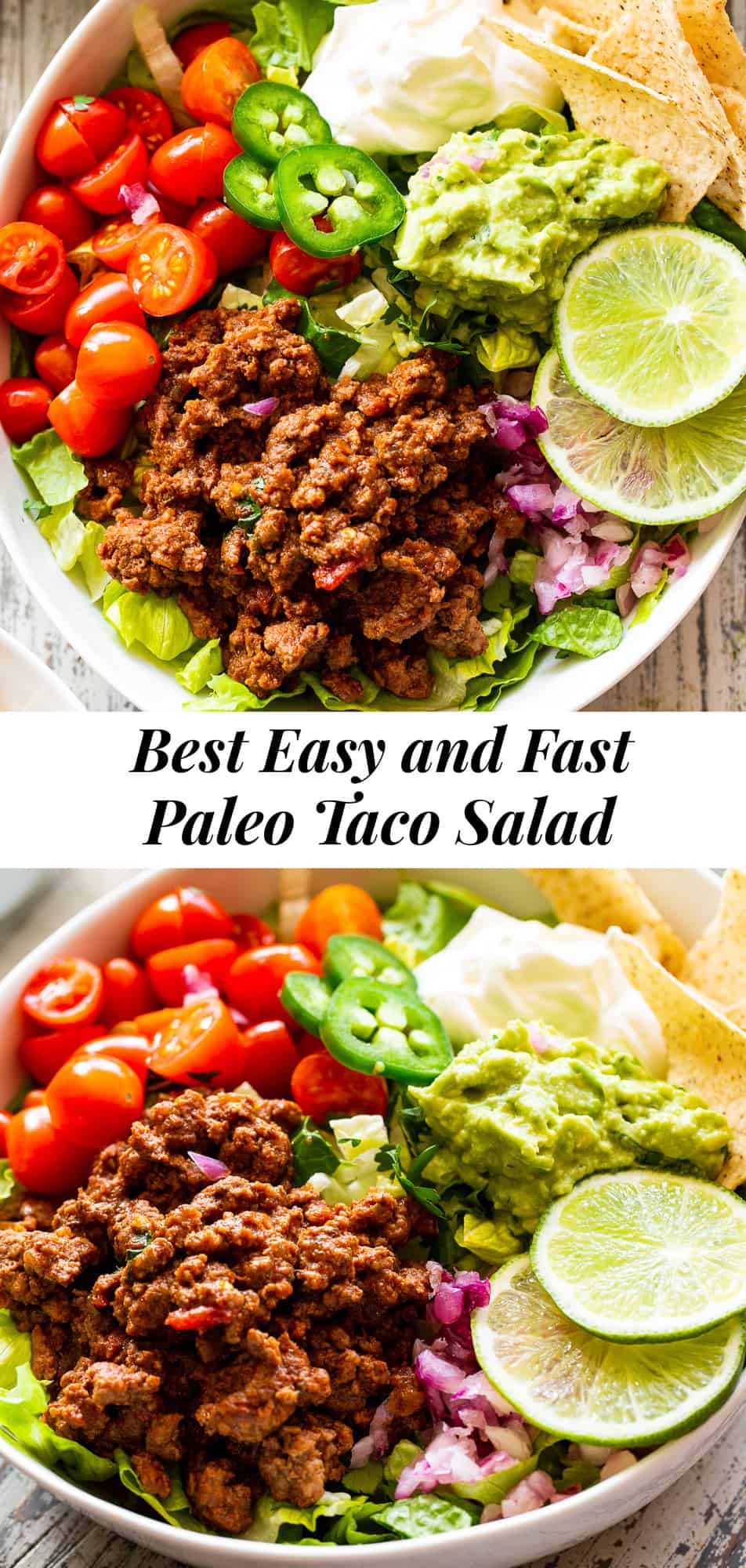 This easy, flavor packed paleo taco salad is ready in 20 minutes from start to finish and great for an easy weeknight dinner! Whole30 and keto options. #paleo #whole30 #keto #cleaneating 