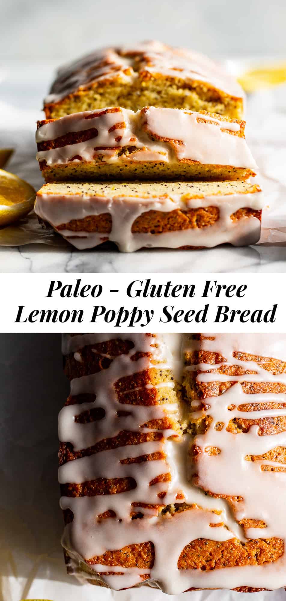 This Paleo Lemon Poppy Seed Bread is tender, moist and loaded with lemon flavor with just the right amount of sweetness.  It's drizzled with a sweet glaze for the perfect touch.  Great for brunches, dessert and snacks, this quick bread is gluten free, grain free, dairy free and refined sugar free. #paleo #glutenfree #grainfree 