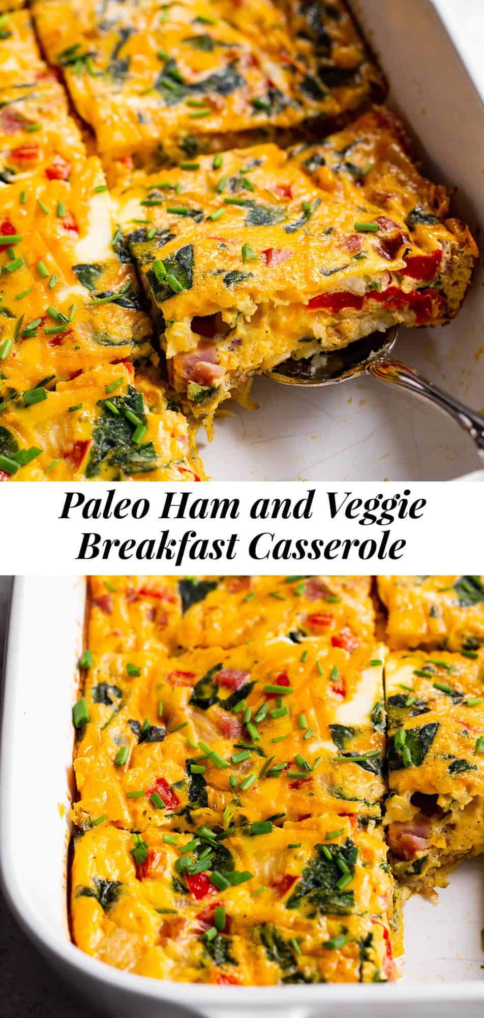 This ham and veggie breakfast casserole is a savory breakfast dream! Packed with protein and veggies, it’s easy to throw together and great to prep ahead of time. Paleo, grain free and dairy free with a Whole30 option, family approved and awesome as breakfast for dinner! #paleo #whole30 #cleaneating