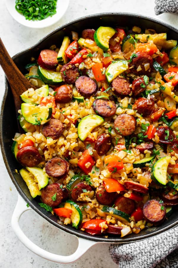 One Skillet Sausage with Veggies and “Rice”