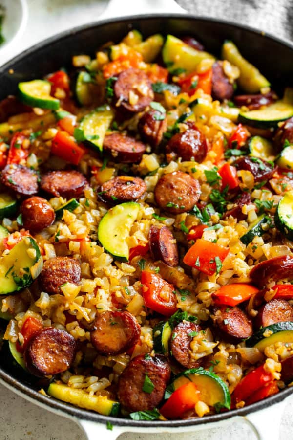One Skillet Sausage with Veggies and “Rice” {Paleo, Whole30, Keto}