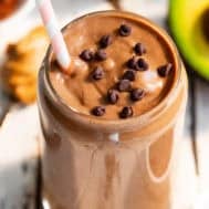 High protein chocolate smoothie made with avocado, collagen, and cocoa powder