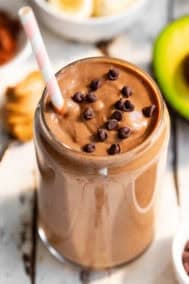 High protein chocolate smoothie made with avocado, collagen, and cocoa powder