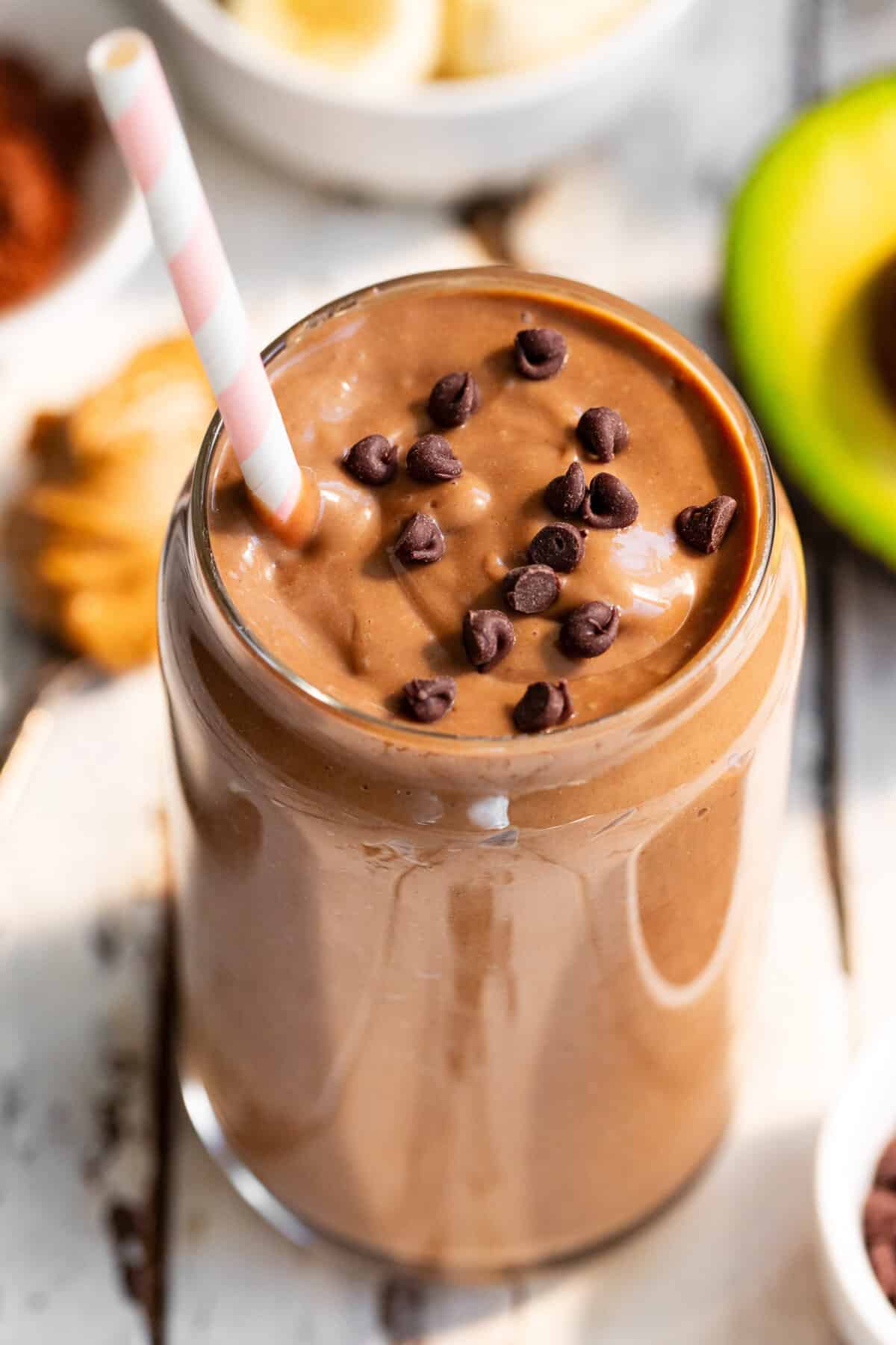High protein chocolate smoothie made with avocado, collagen, and cocoa powder