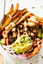 Loaded Burger Bowls with Fries (Paleo + Whole30)