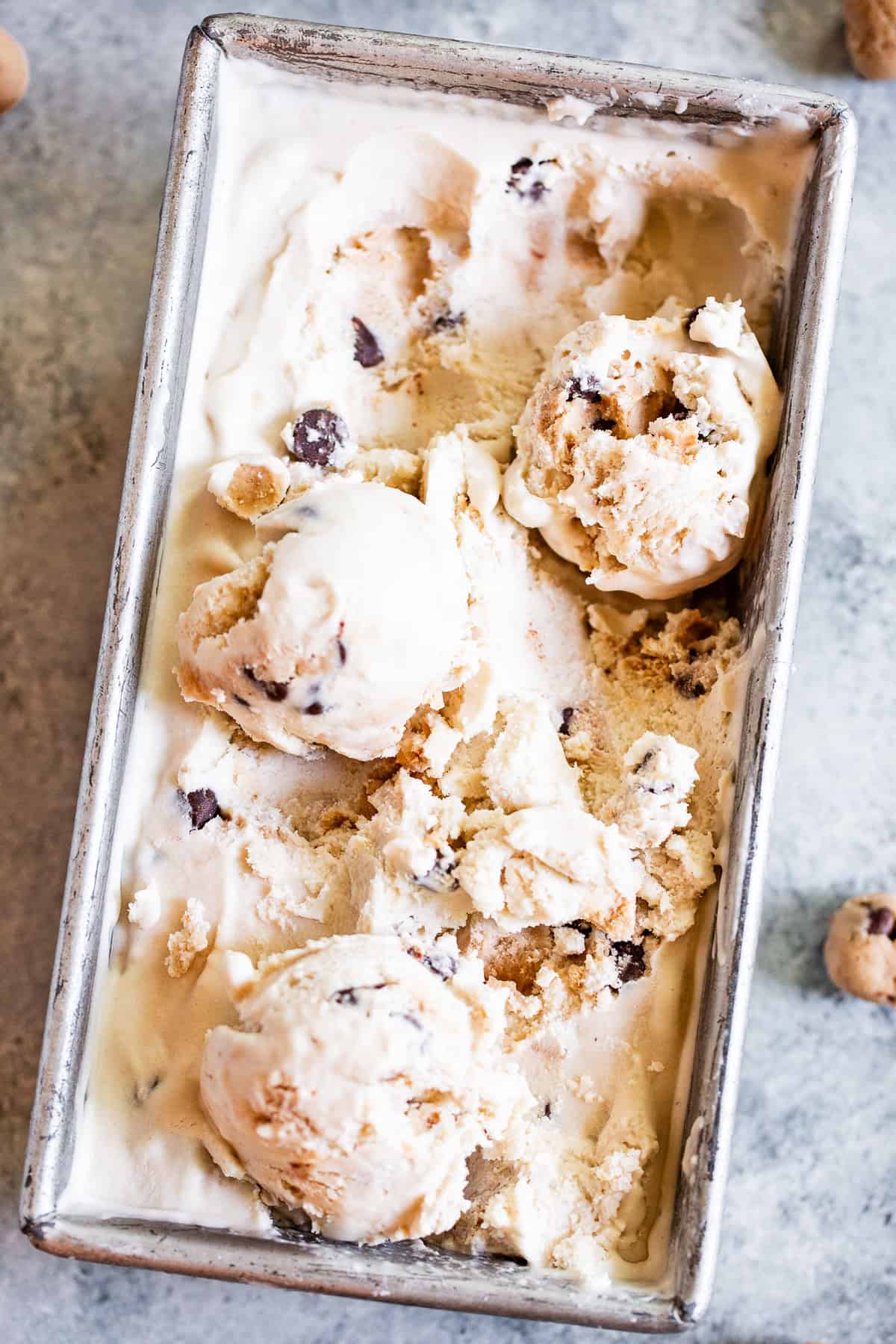 Scoop of dairy free cookie dough ice cream with dark chocolate chips