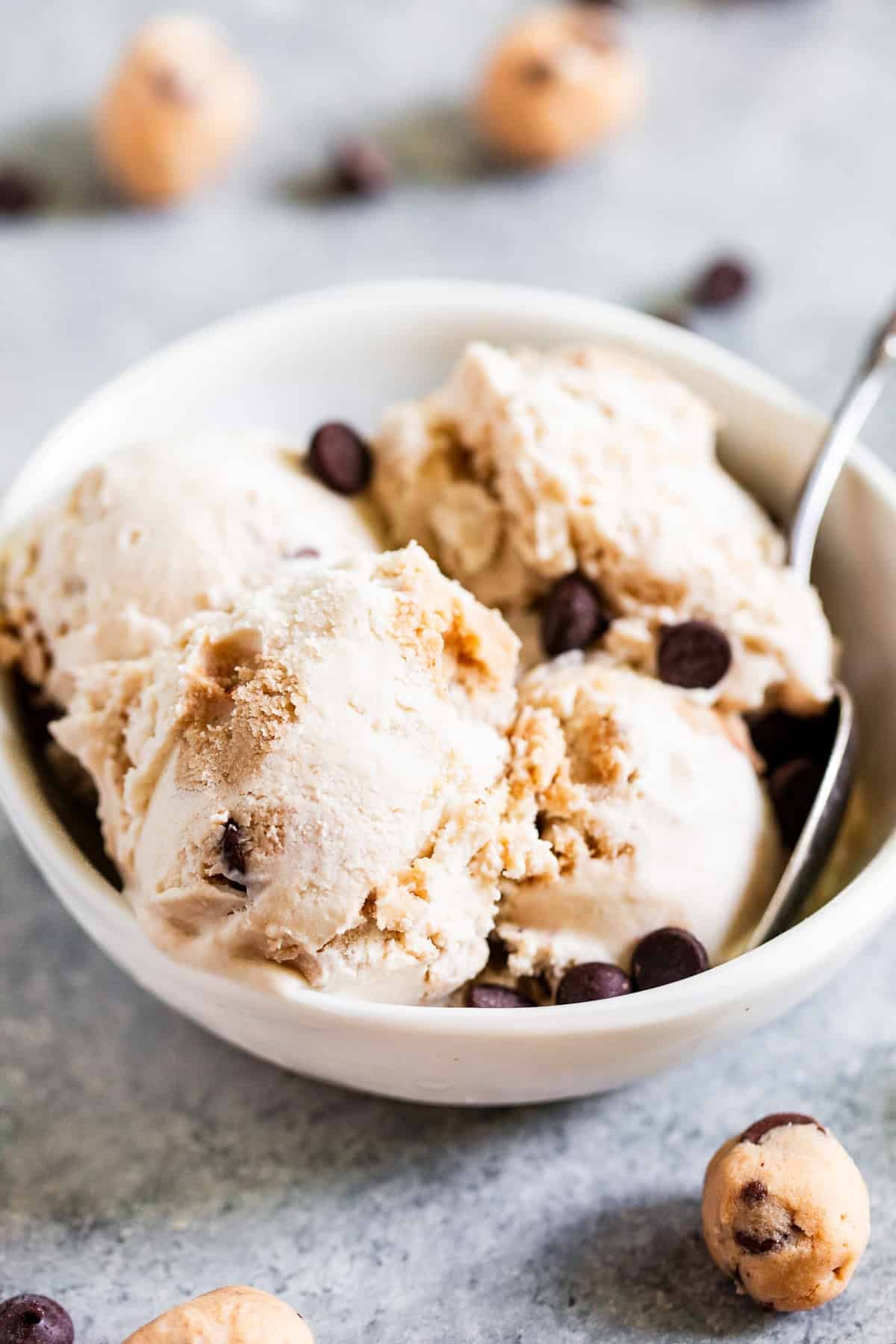 Creamy paleo cookie dough ice cream with edible cookie dough chunks in a bowl