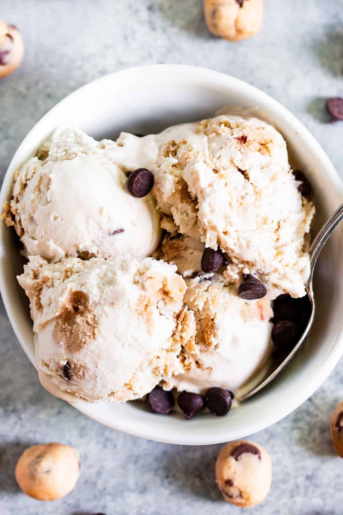 Gluten free cookie dough ice cream served with extra cookie dough pieces