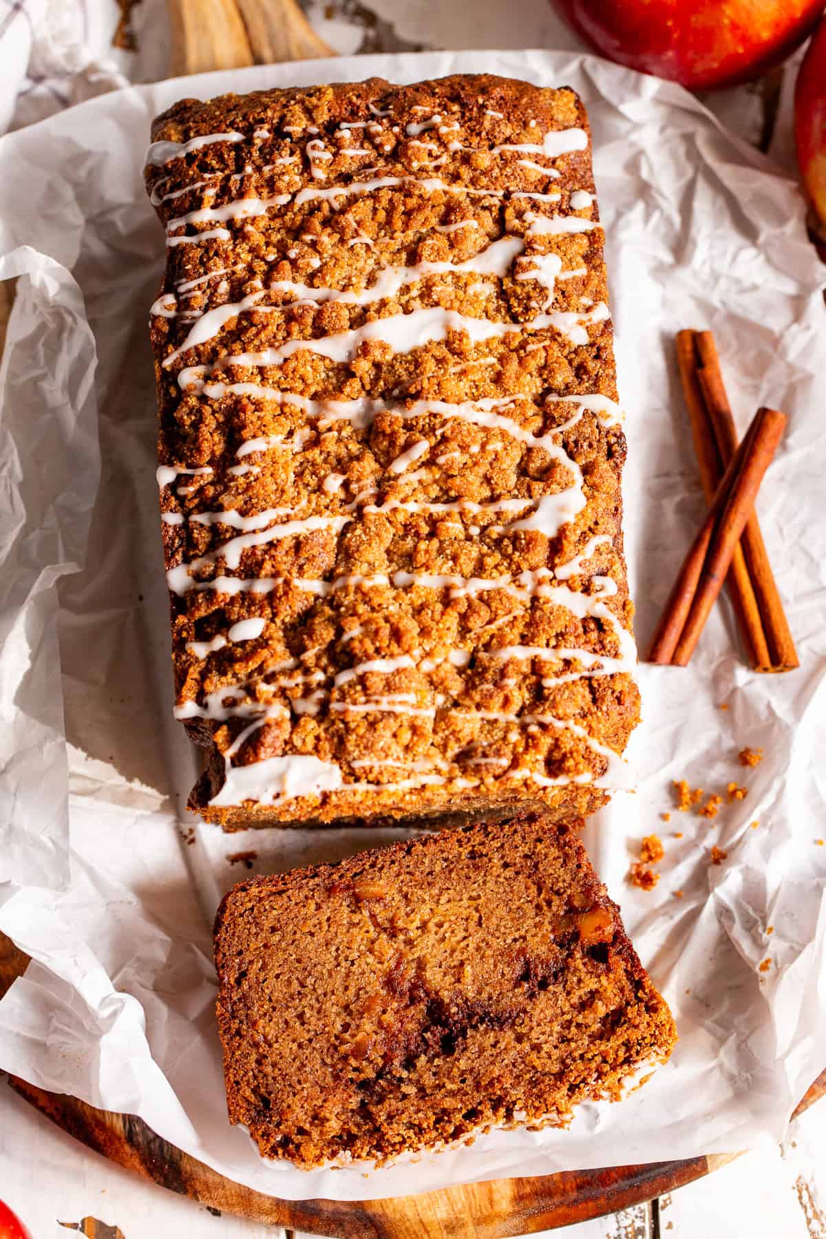 Paleo apple cinnamon bread slice showing the cinnamon apple swirl