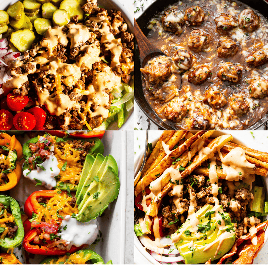 Healthy ground beef recipes including burger bowls, meatballs, taco stuffed peppers and ground beef stir fry