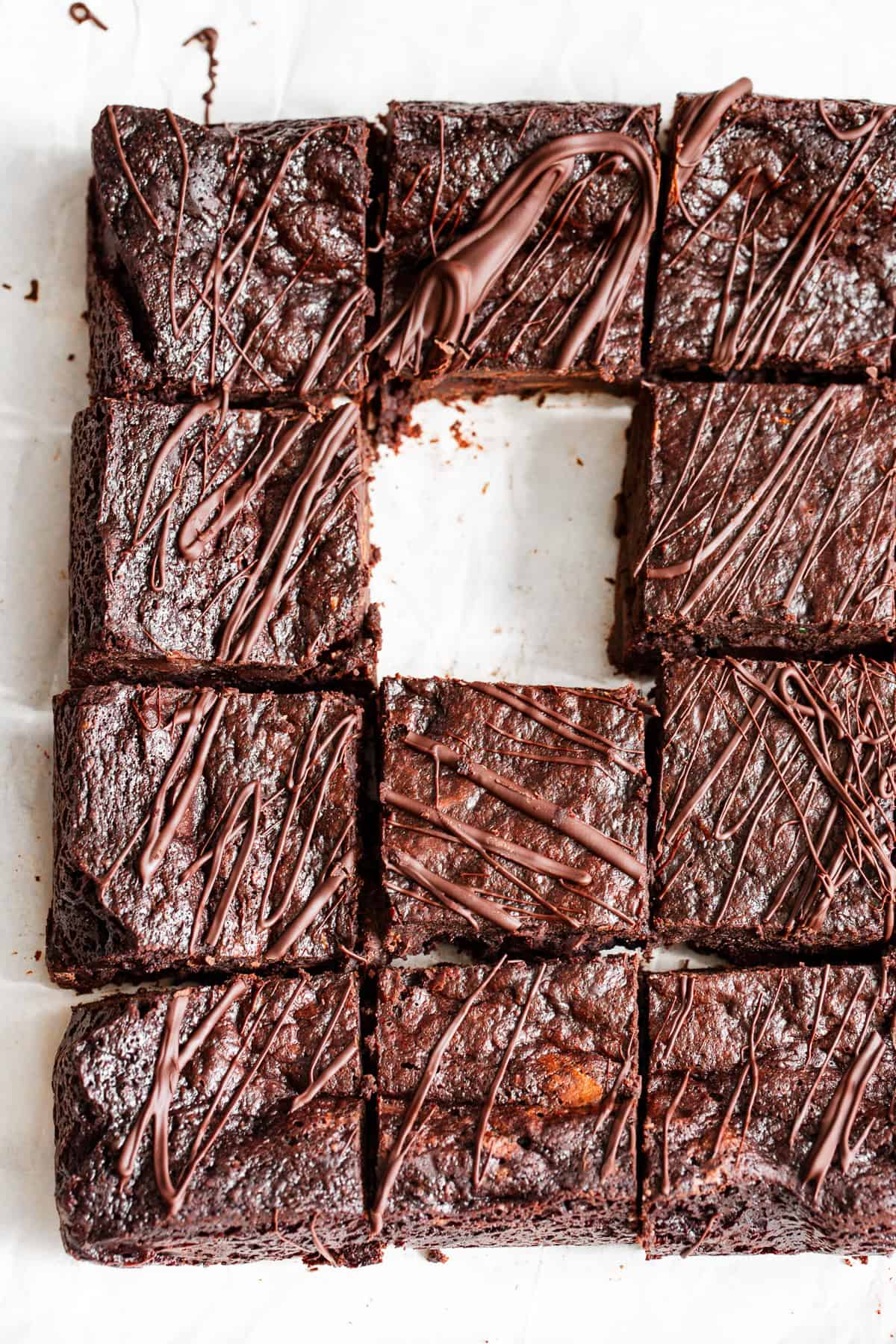 Overhead view of gluten free zucchini brownies cut into squares