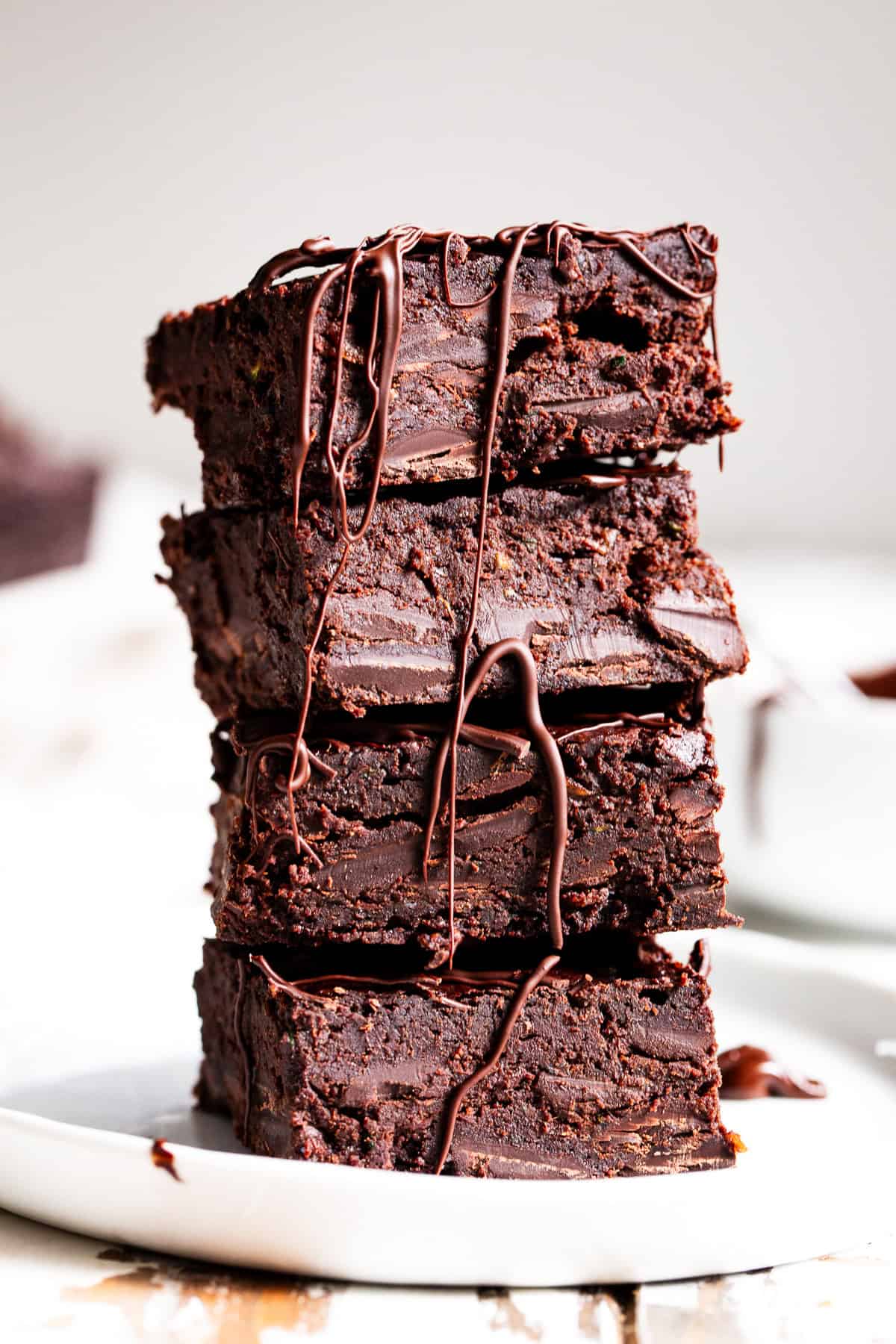 Stack of paleo zucchini brownies made with almond flour and dark chocolate