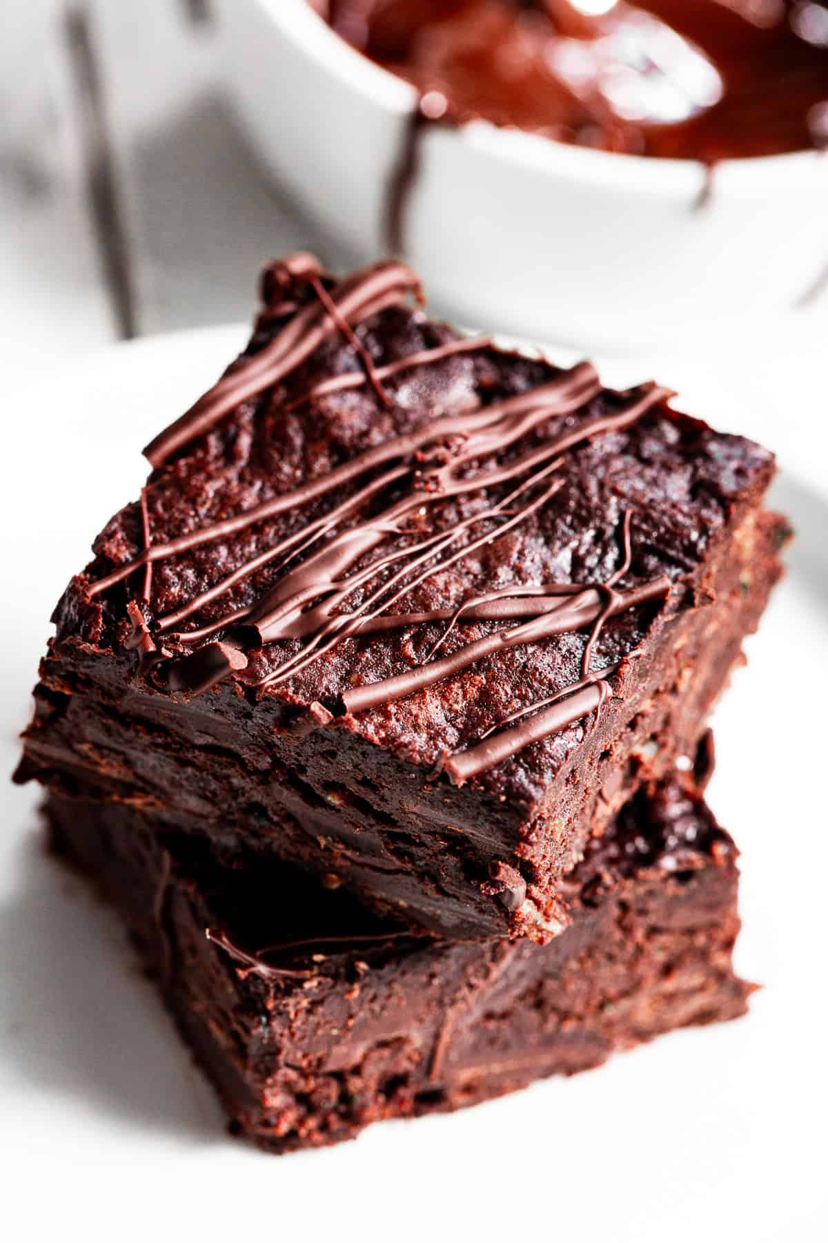 Stack of paleo zucchini brownies made with almond flour and dark chocolate