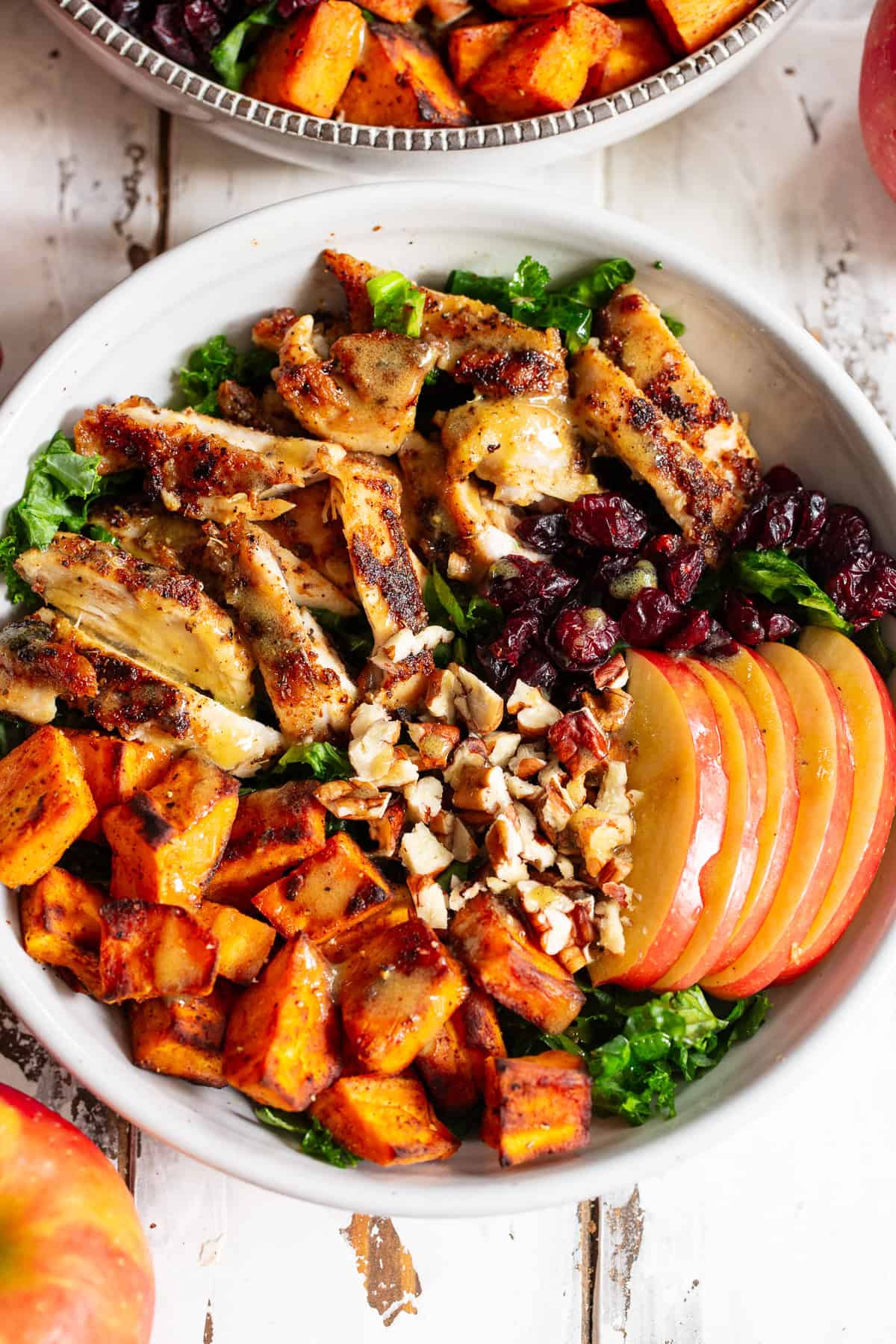 Close up of harvest chicken bowl with roasted sweet potatoes and pecans
