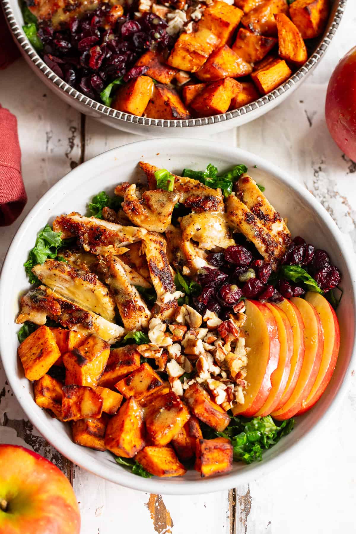 Chicken sweet potato bowl with apples and maple Dijon dressing