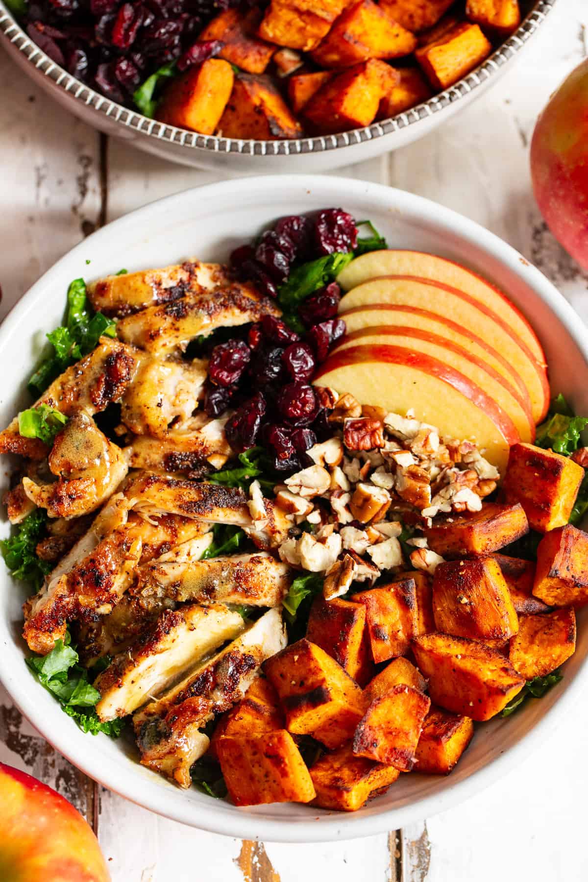 Close up of harvest chicken bowl with roasted sweet potatoes and pecans