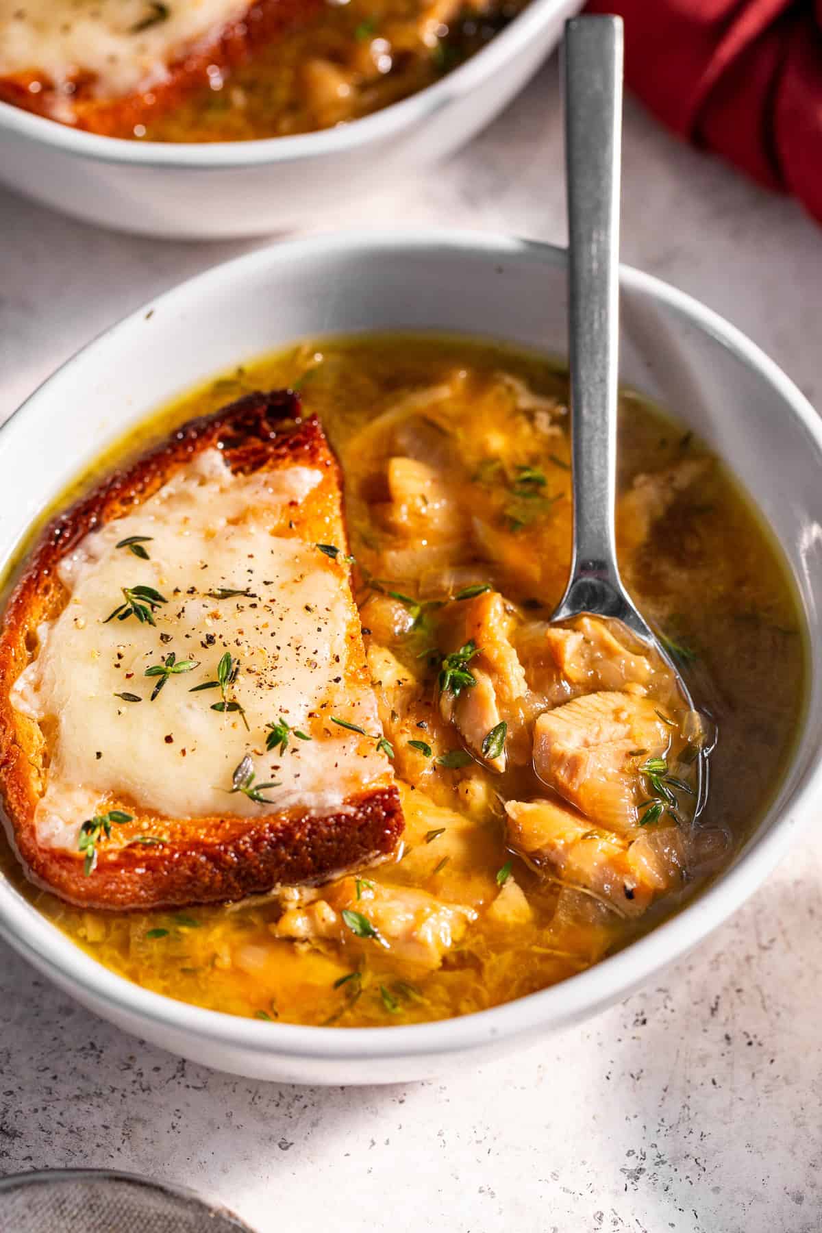 french onion chicken soup with gluten free toast and gruyere cheese