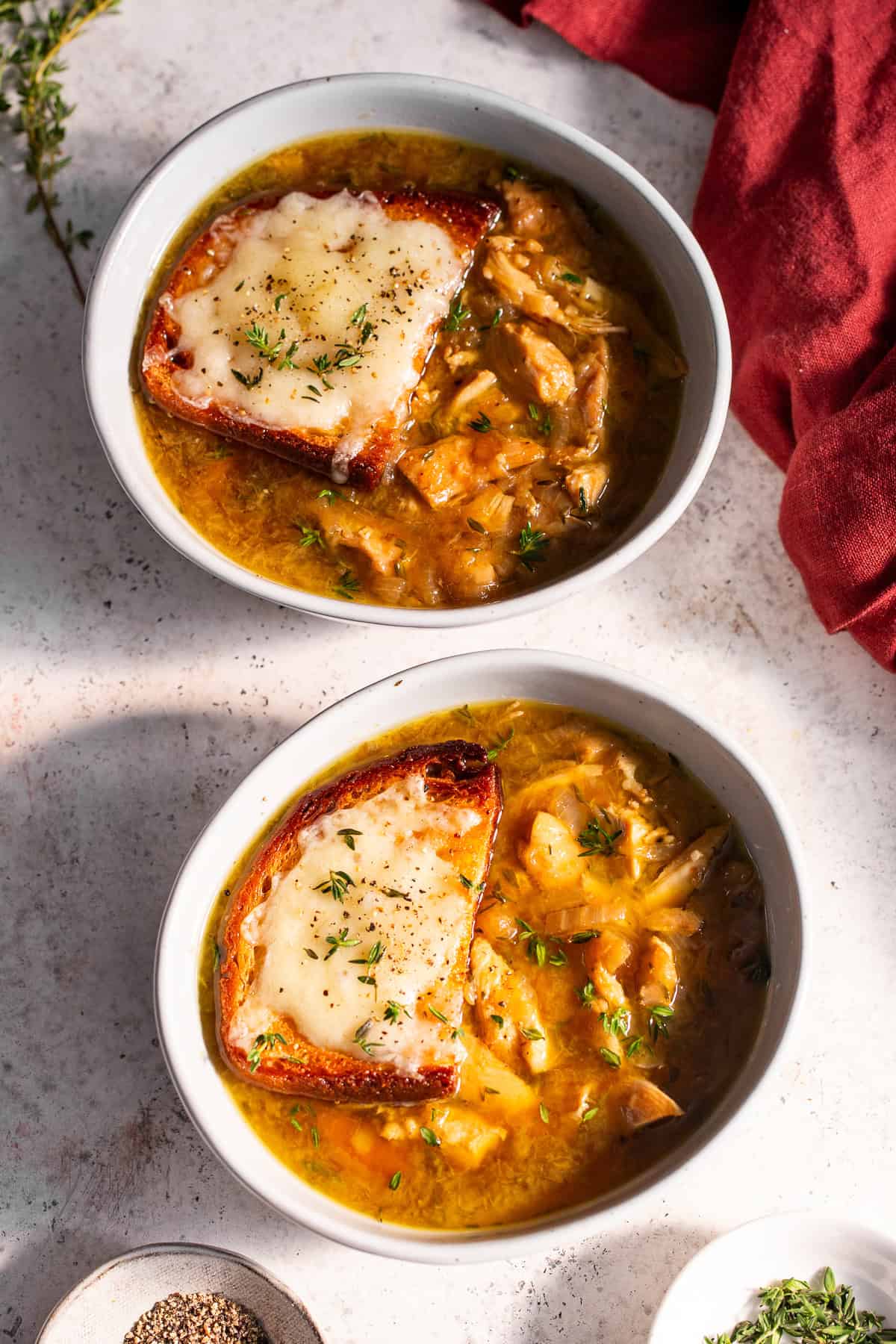 french onion chicken soup with gluten free toast and gruyere cheese